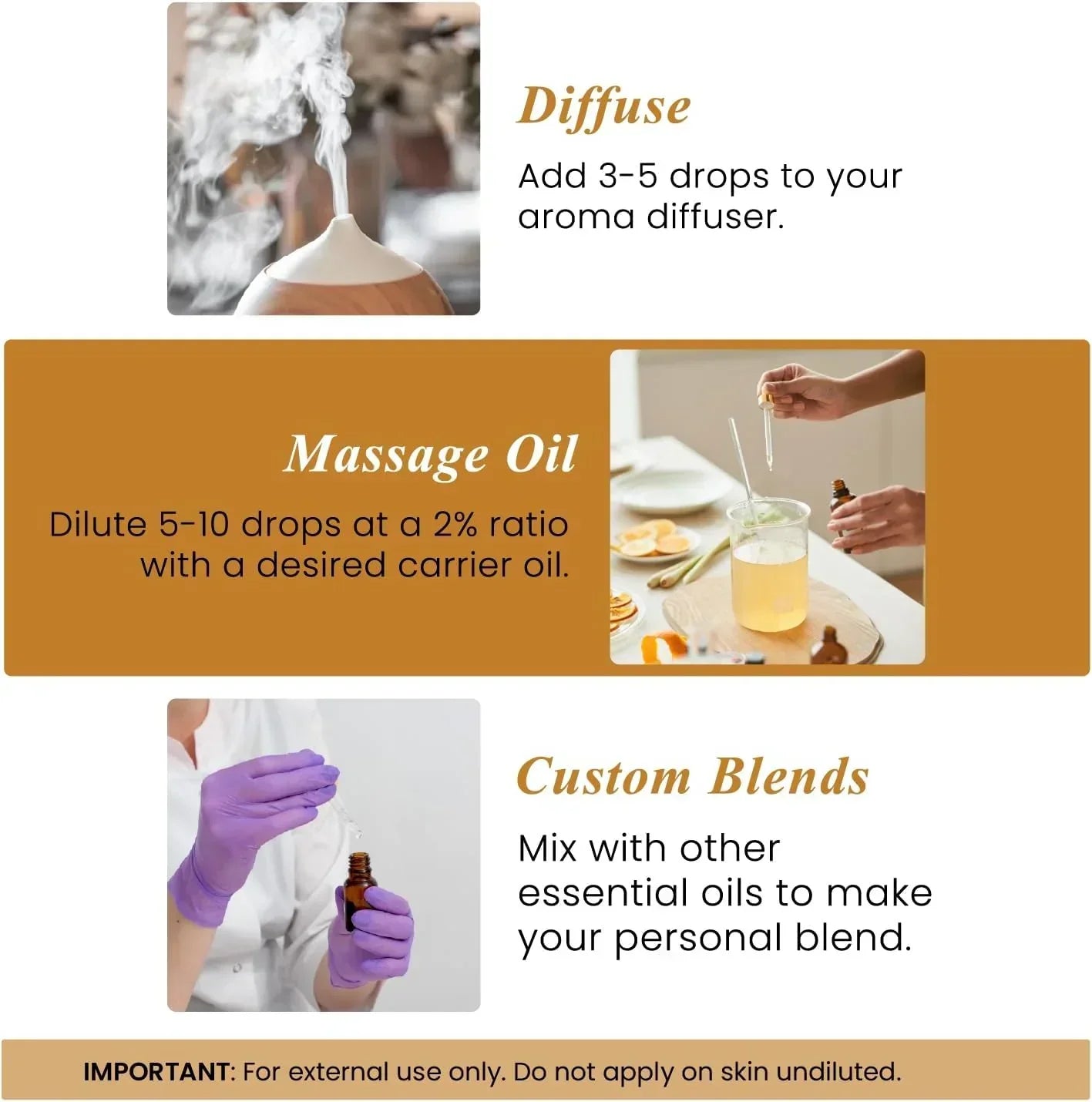 How to use essential oils: diffuse in aroma diffuser, dilute for massage oil, or create custom blends.