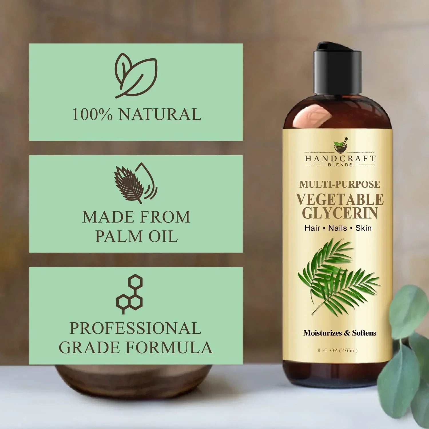 Vegetable glycerin bottle for hair, nails, skin, labeled 100% natural, palm oil-based, professional grade.