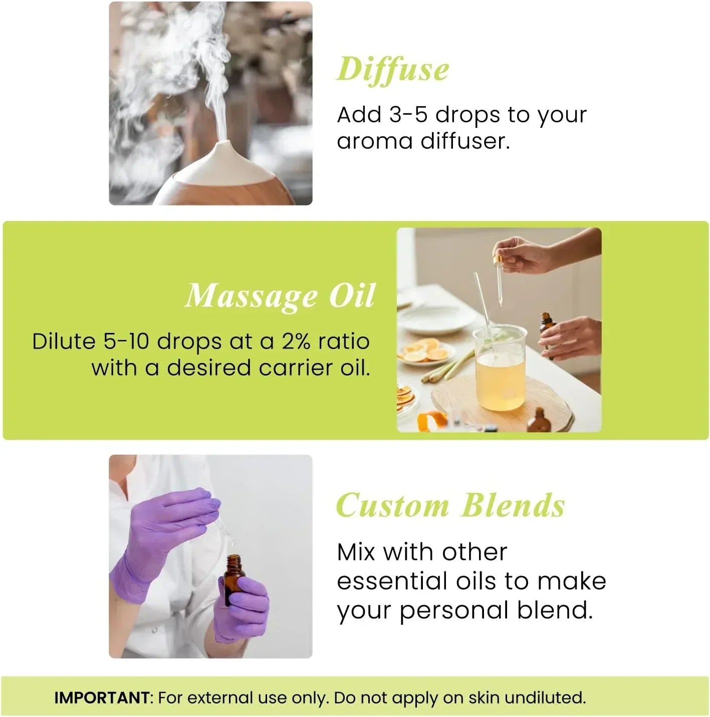 Essential oil usage guide showing diffuser, massage oil mixing, custom blends with droppers.