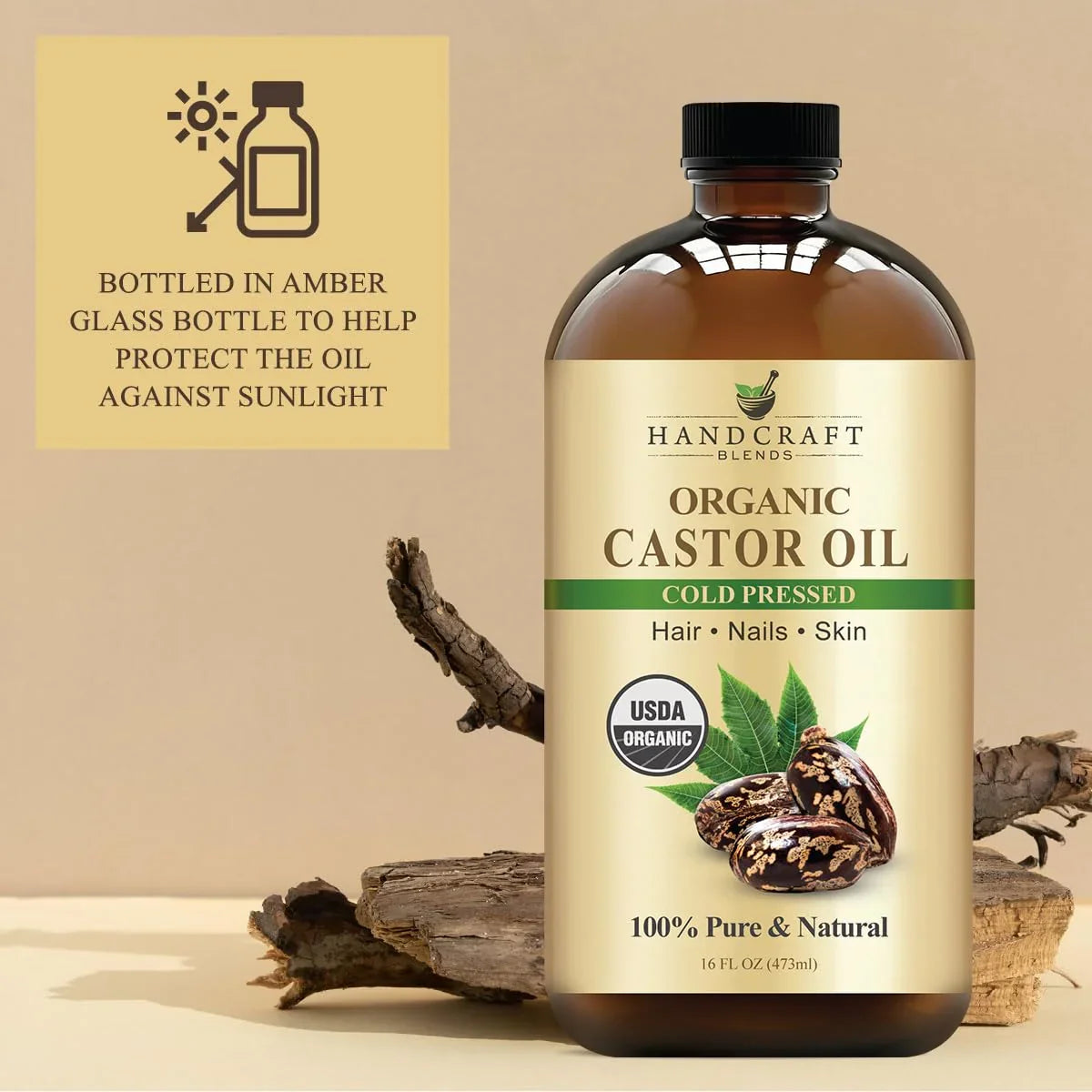 Organic Castor Oil in Glass Bottle