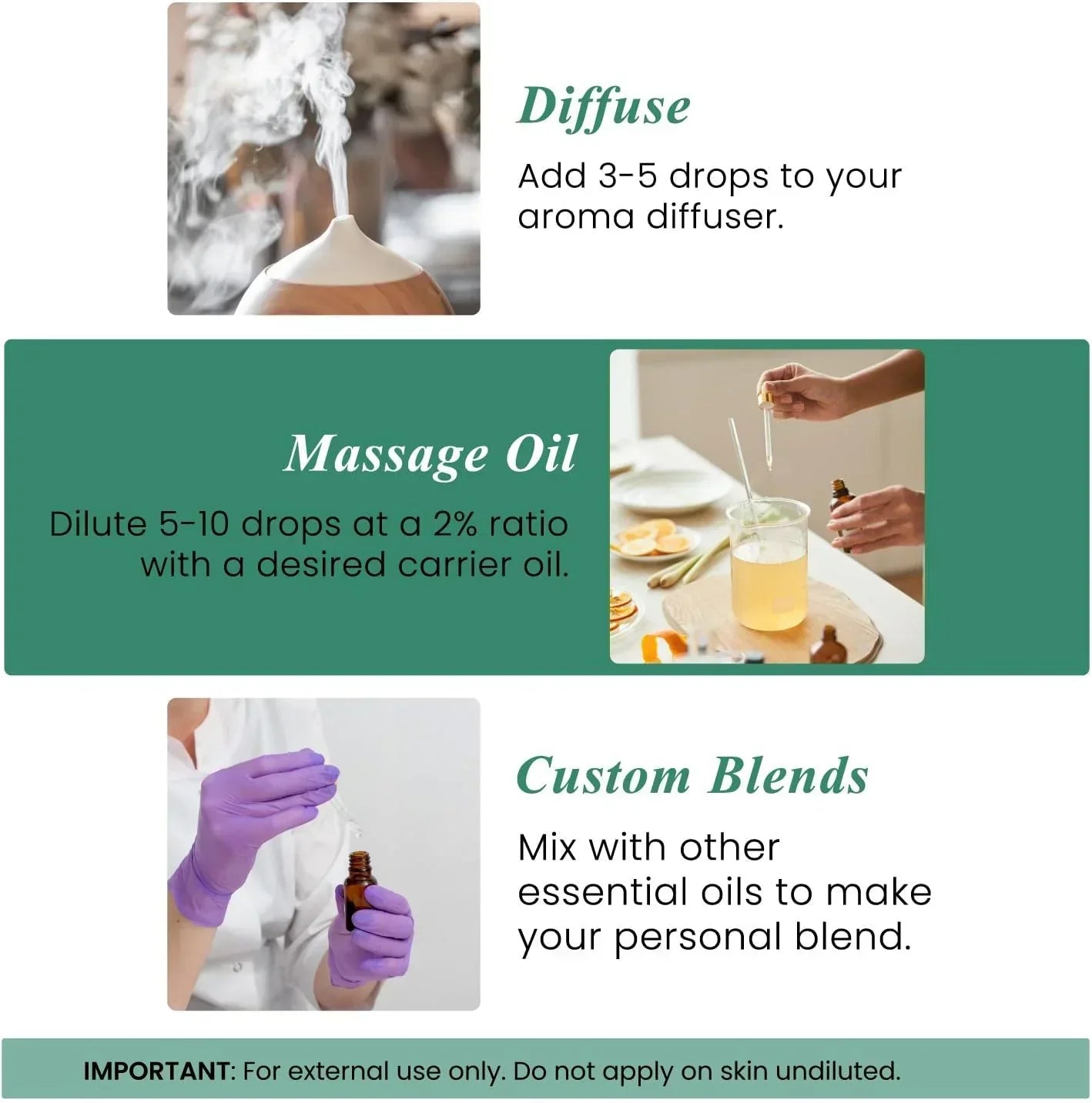 Essential oil usage guide with images for diffusing, massage oil blending, and custom mixes.