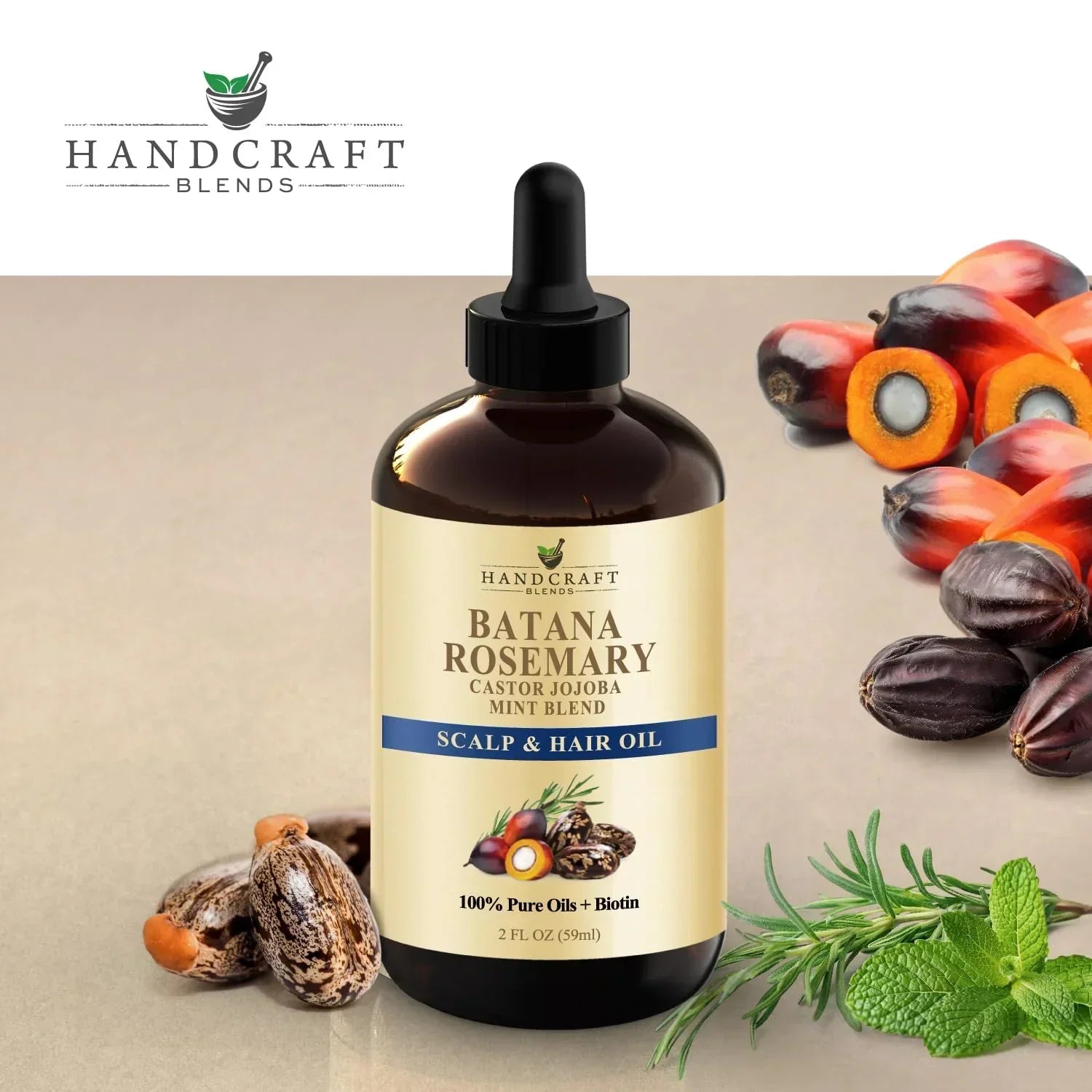Batana rosemary scalp and hair oil bottle with castor, jojoba, mint, and natural ingredients