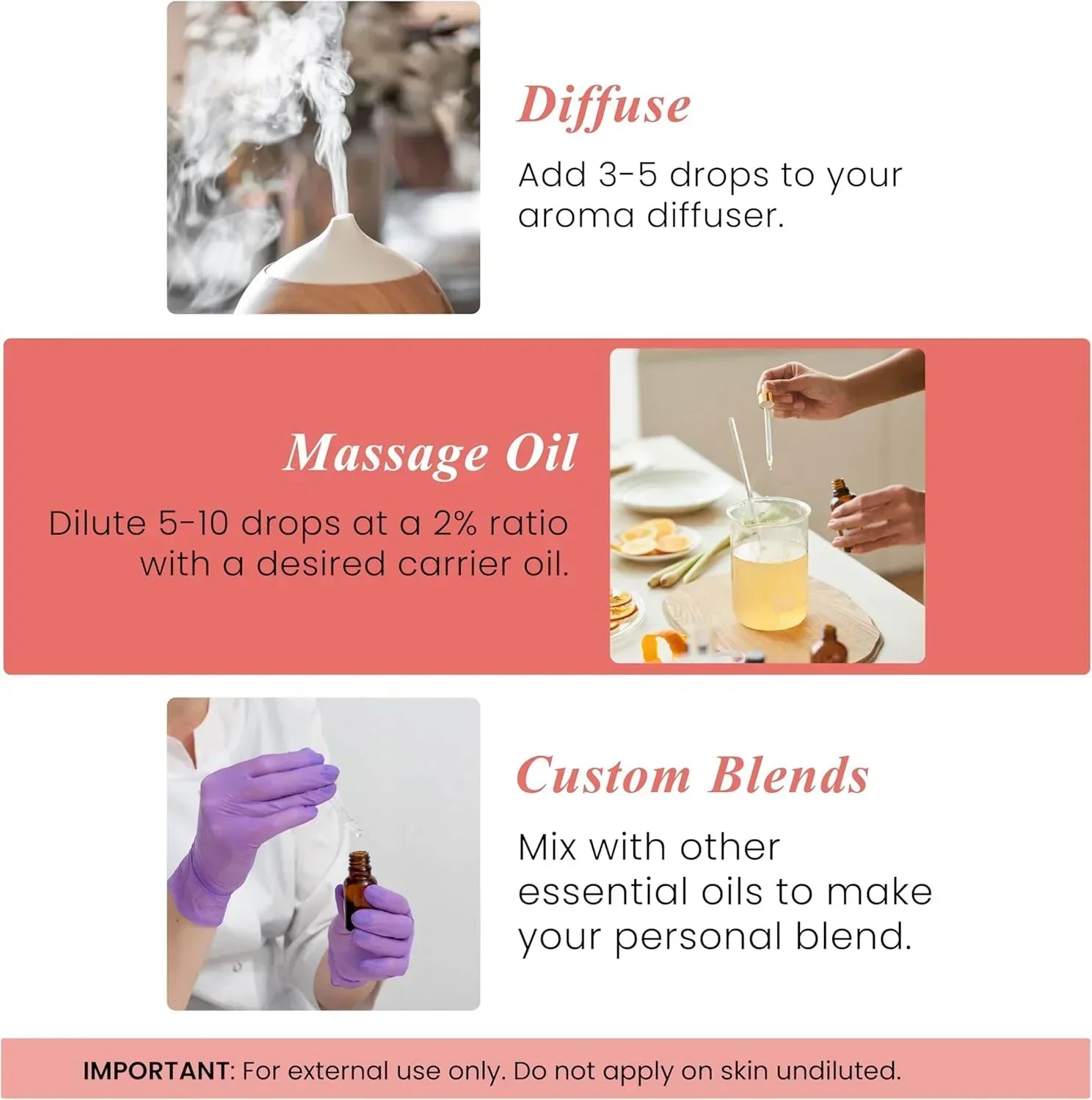 How to use essential oils: diffusing, making massage oil, and creating custom blends.