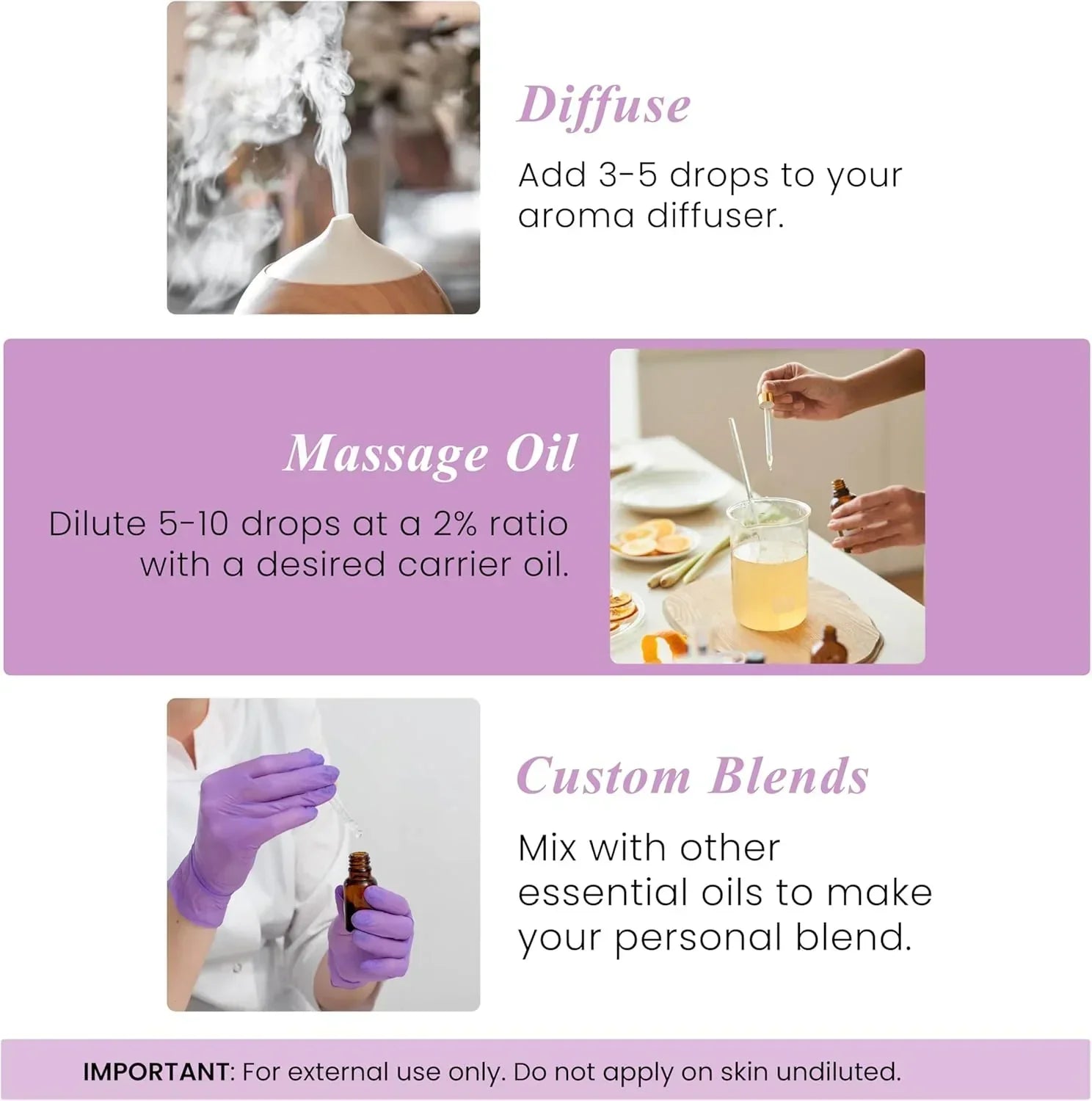 Essential oil usage guide showing diffuser, massage oil with carrier oil, and custom blending steps.