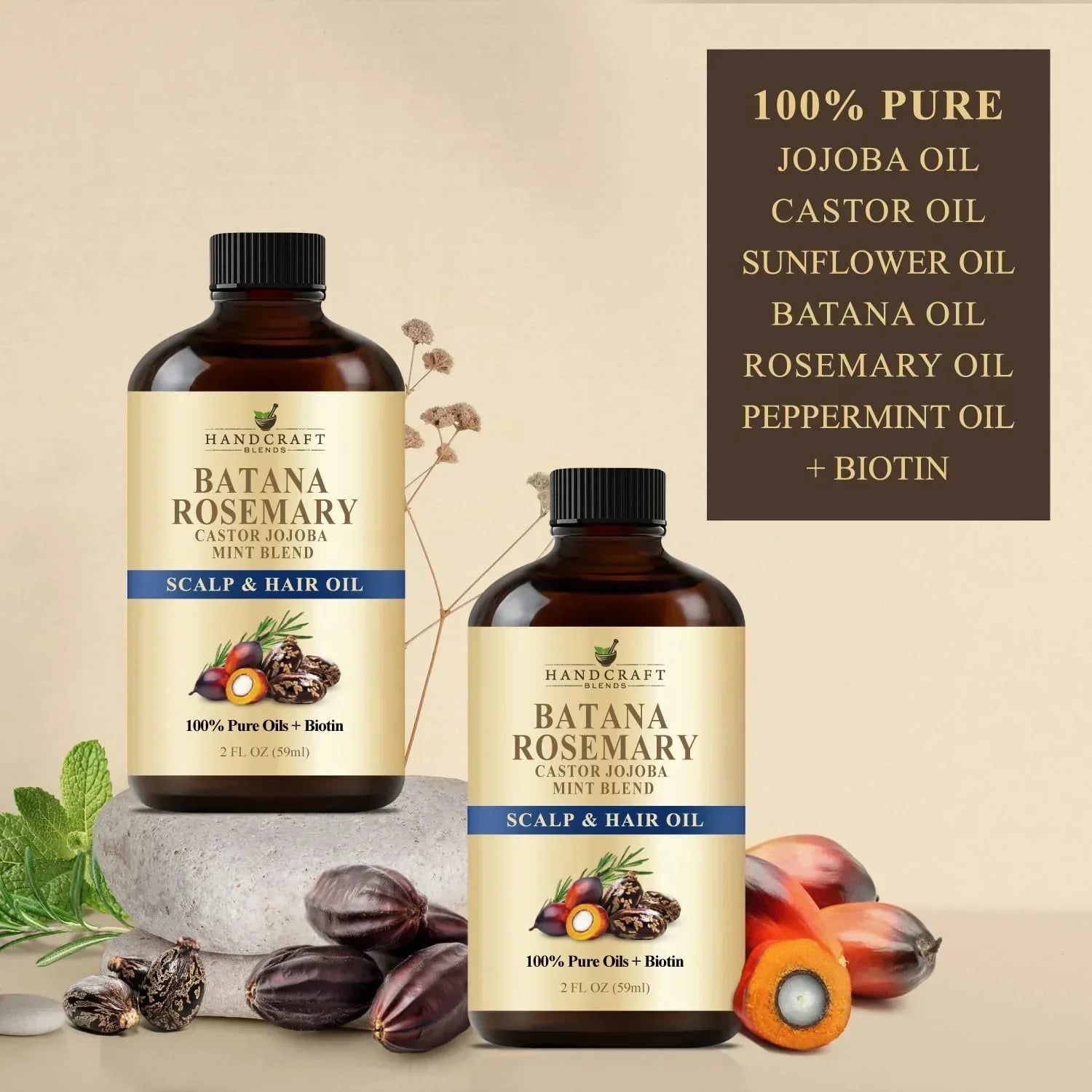 Batana rosemary scalp and hair oil bottles with natural ingredients on a neutral background