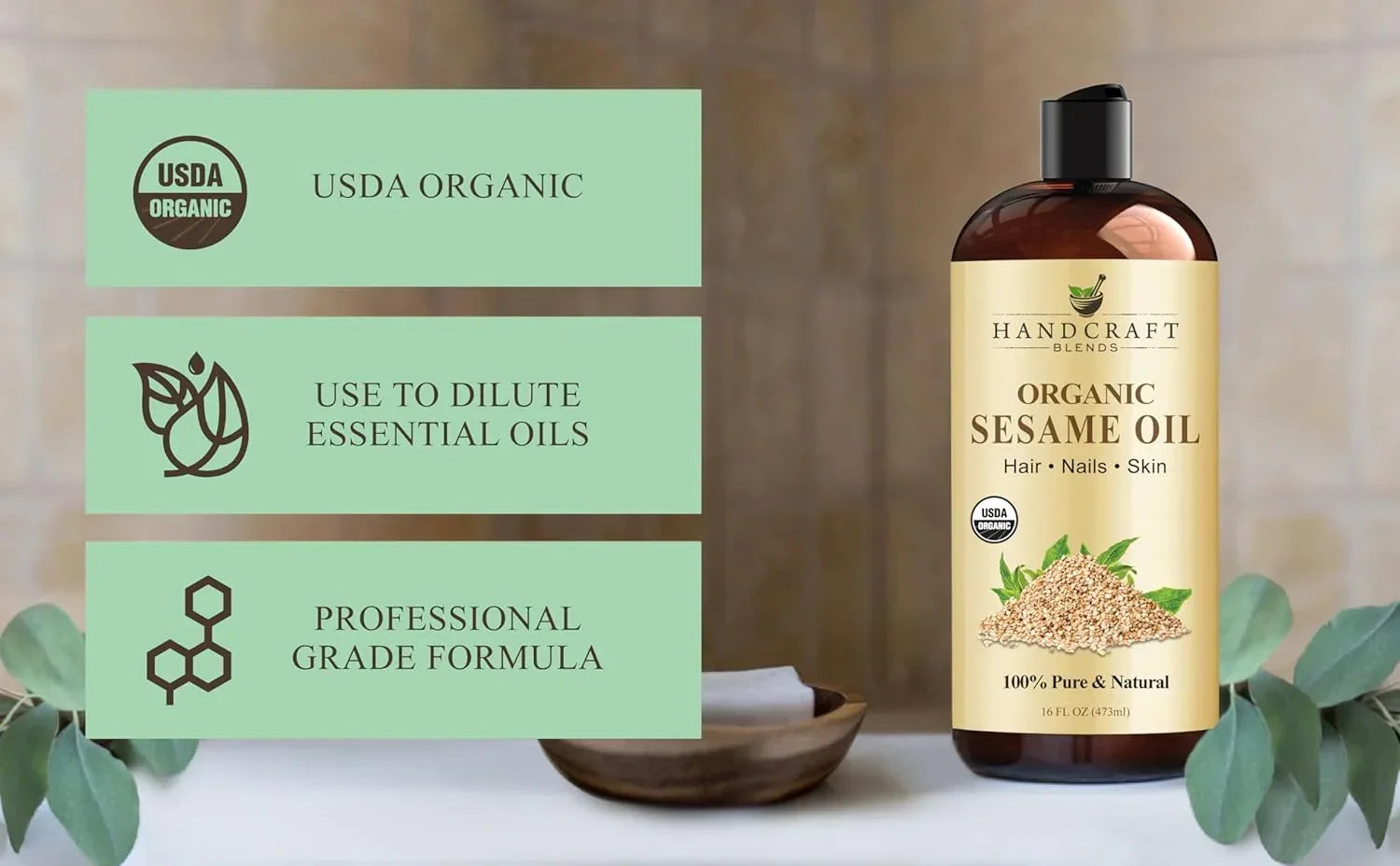 Organic sesame oil bottle for hair, nails, skin, USDA certified, for essential oil dilution