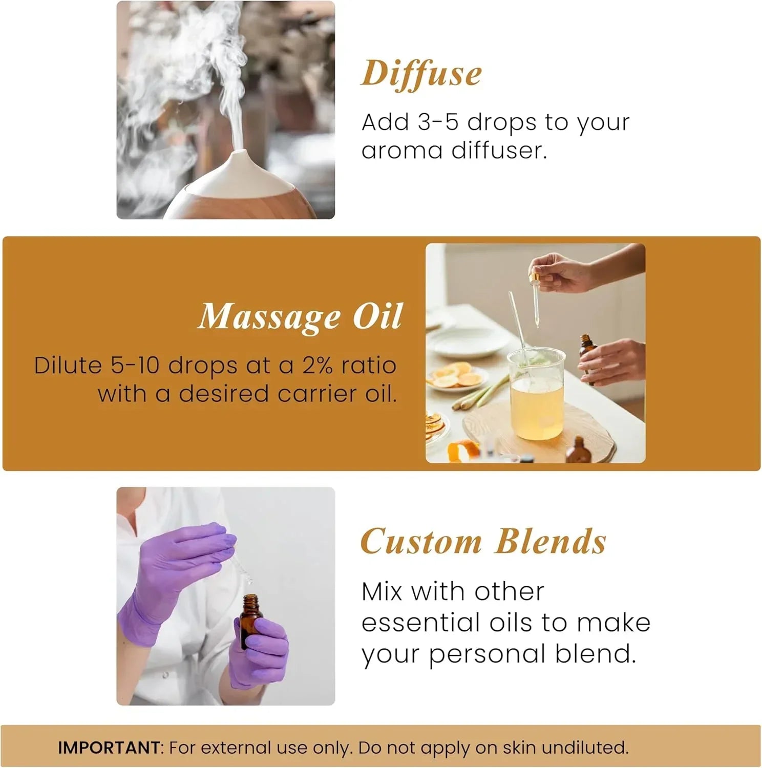 Essential oil usage guide showing diffuser, massage oil mixing, and custom blends instructions.