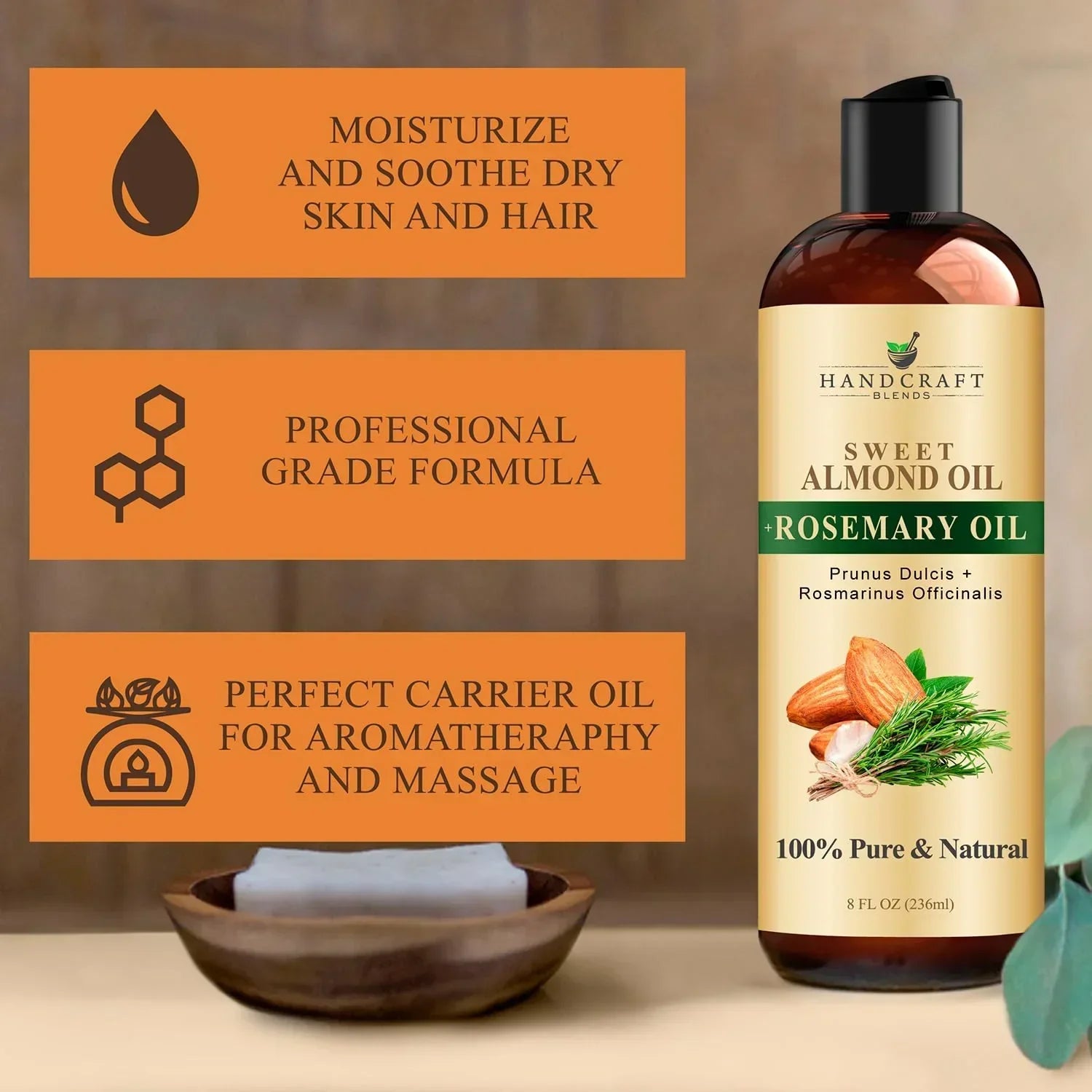 Sweet almond oil with rosemary oil bottle on table, described as moisturizing, professional grade, and ideal for aromatherapy and massage.