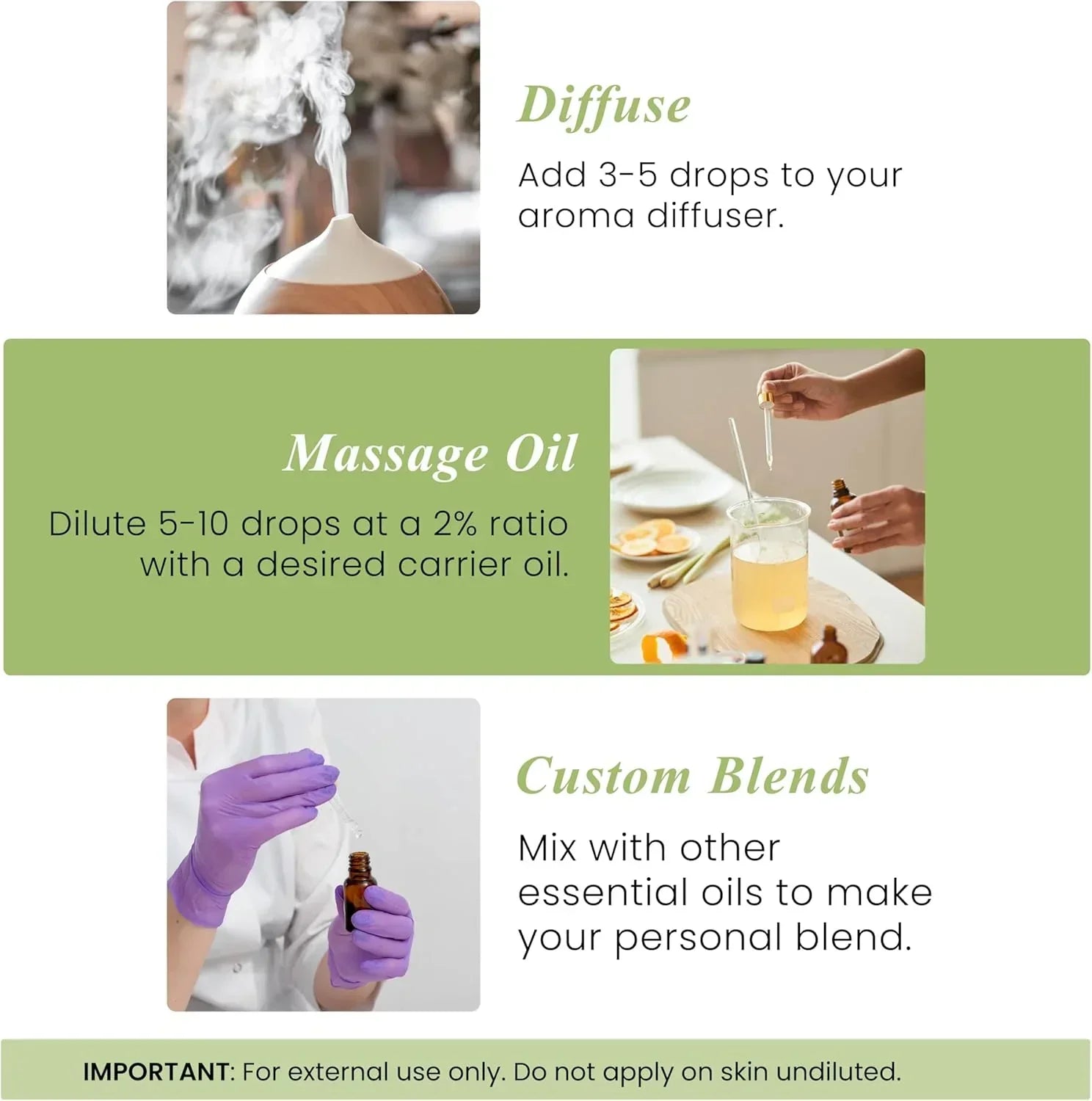 Essential oil usage guide showing diffuser, massage oil with carrier oil, and custom blends.