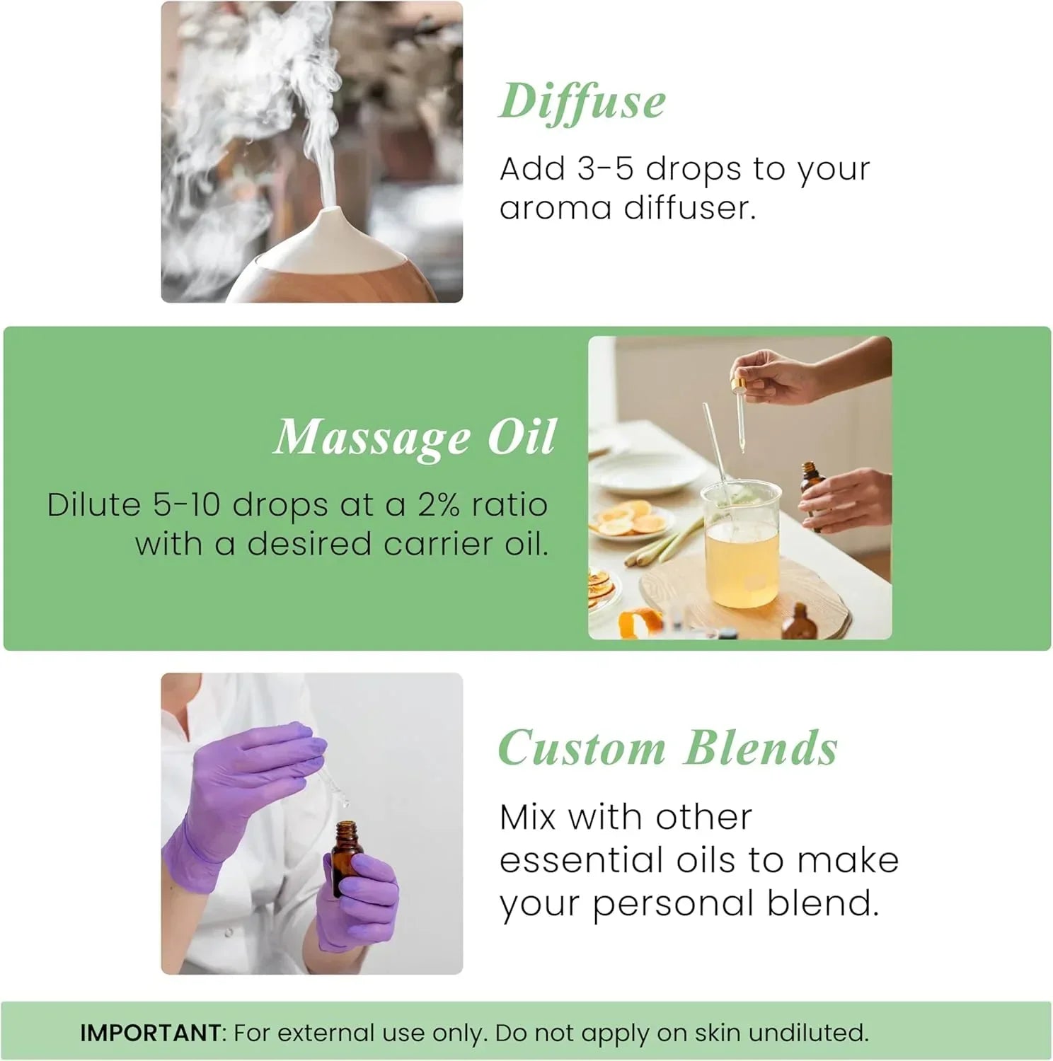 How to use essential oils: diffuse in aroma diffuser, blend with carrier oil for massage, or create custom blends.
