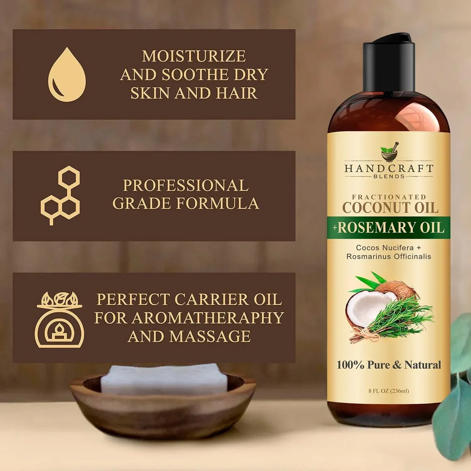 Fractionated coconut oil with rosemary oil bottle for aromatherapy, massage, and dry skin care