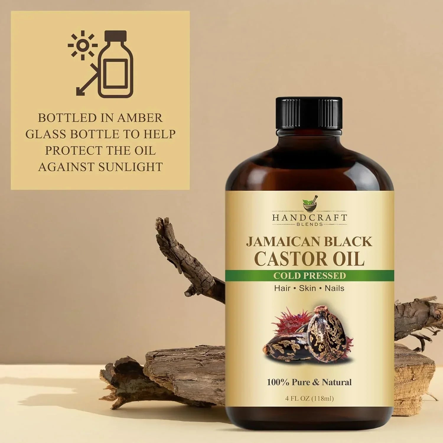 Amber glass bottle of Jamaican black castor oil, cold pressed, for hair, skin, nails.