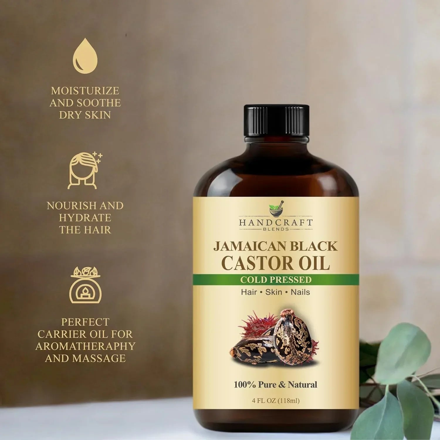 Jamaican black castor oil cold pressed in amber bottle for hair, skin, and nails, with plant and usage benefits.