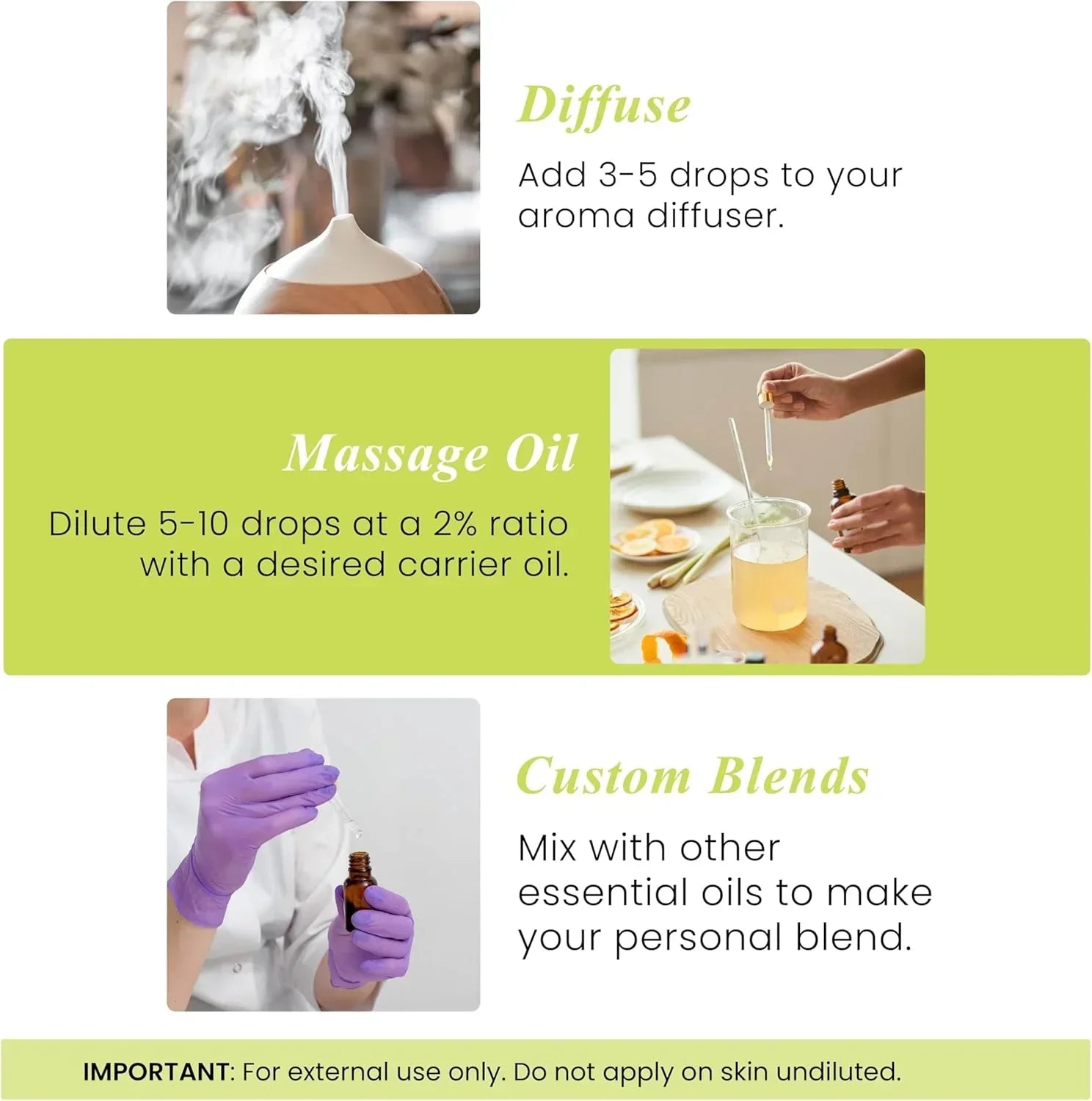Three ways to use essential oils: diffuse, create massage oil, or custom aromatherapy blends.