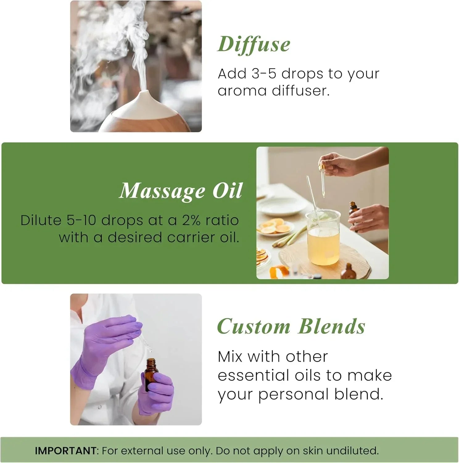 Essential oil usage tips for diffuser, massage oil mixing, and custom aromatherapy blends.