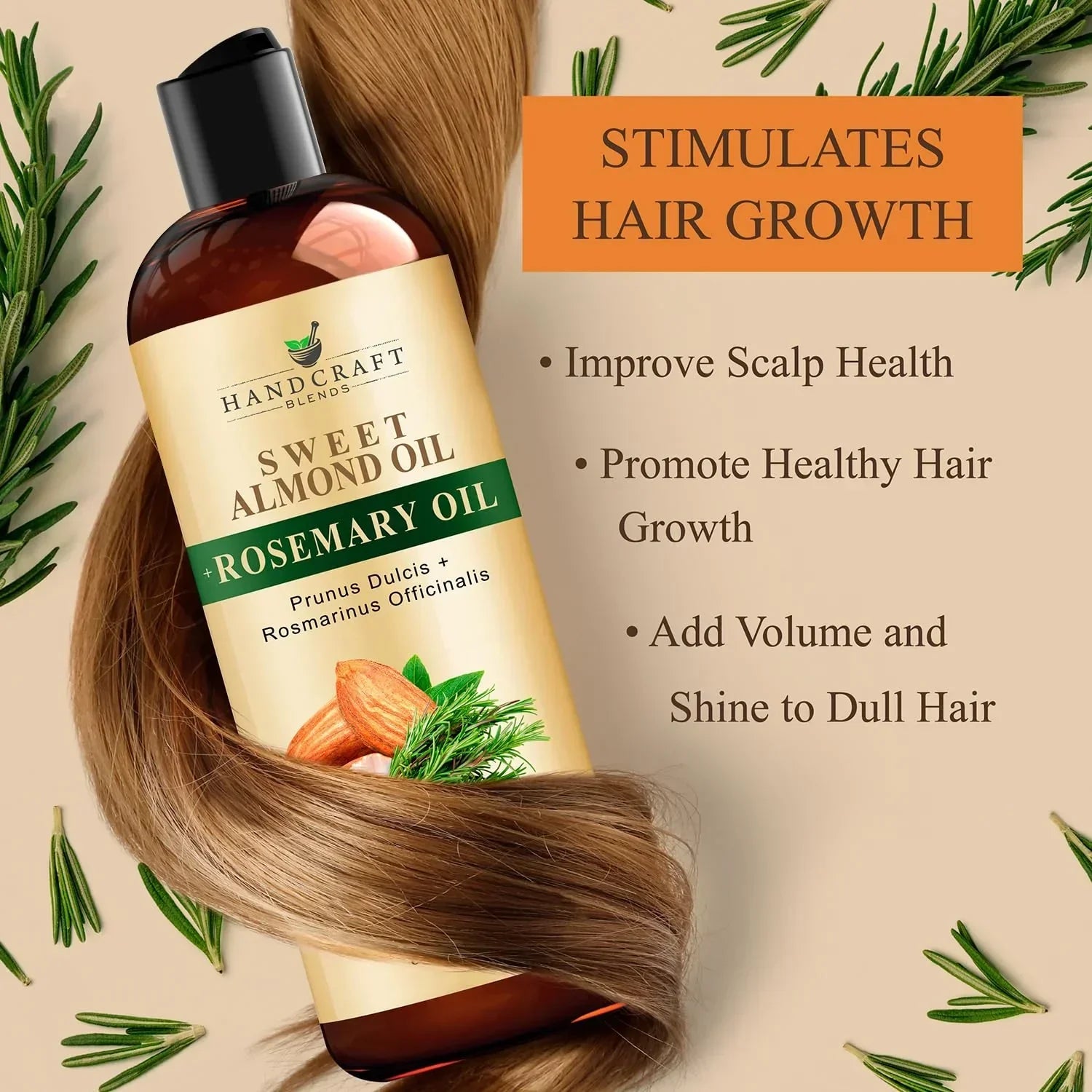 Sweet almond oil with rosemary oil bottle for hair growth, surrounded by rosemary and healthy hair