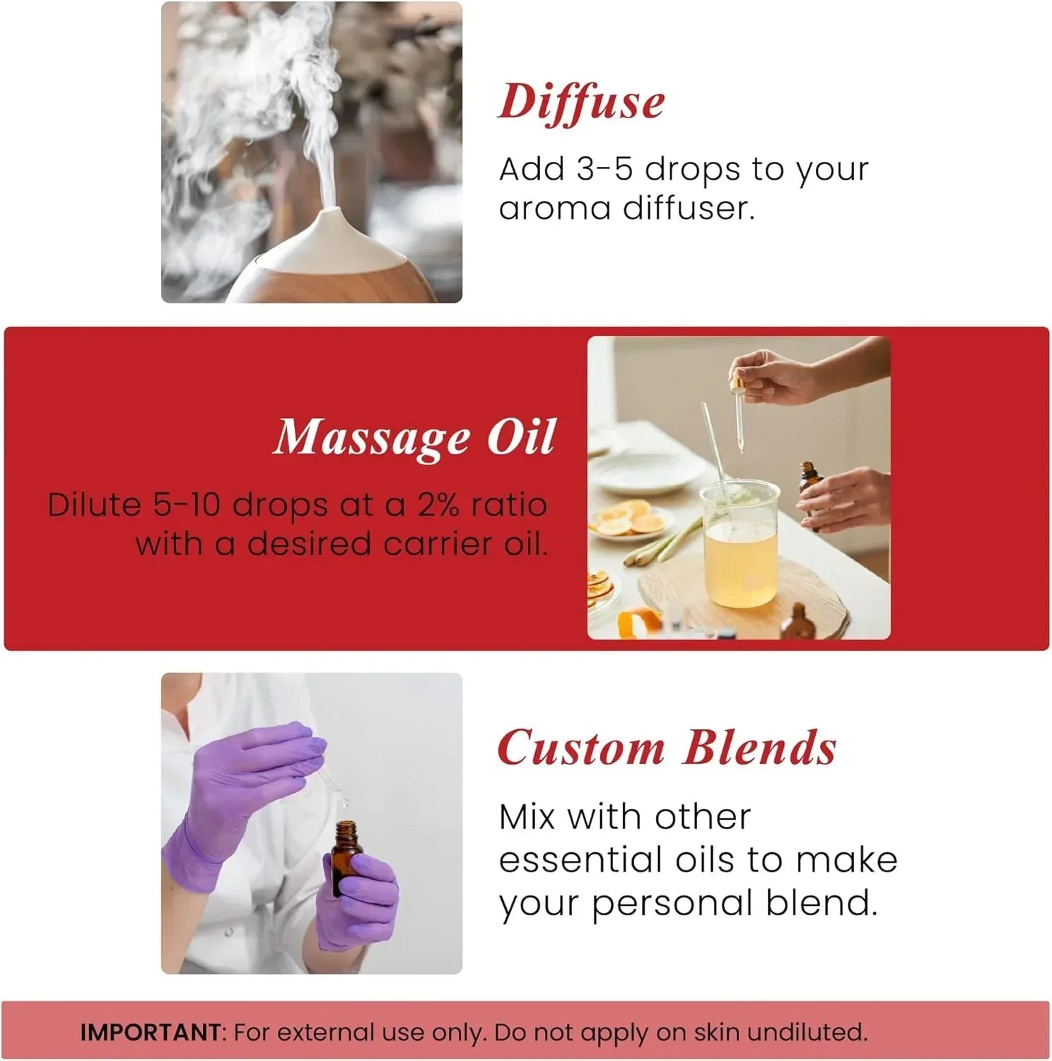 Essential oil uses chart showing diffuser, massage oil mixing, and custom blend instructions.