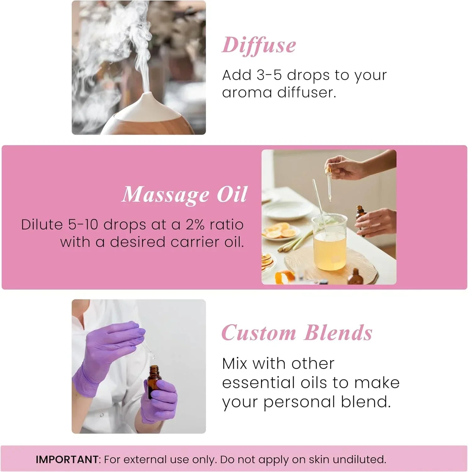 Essential oil uses guide with diffuser, making massage oil, and creating custom blends.