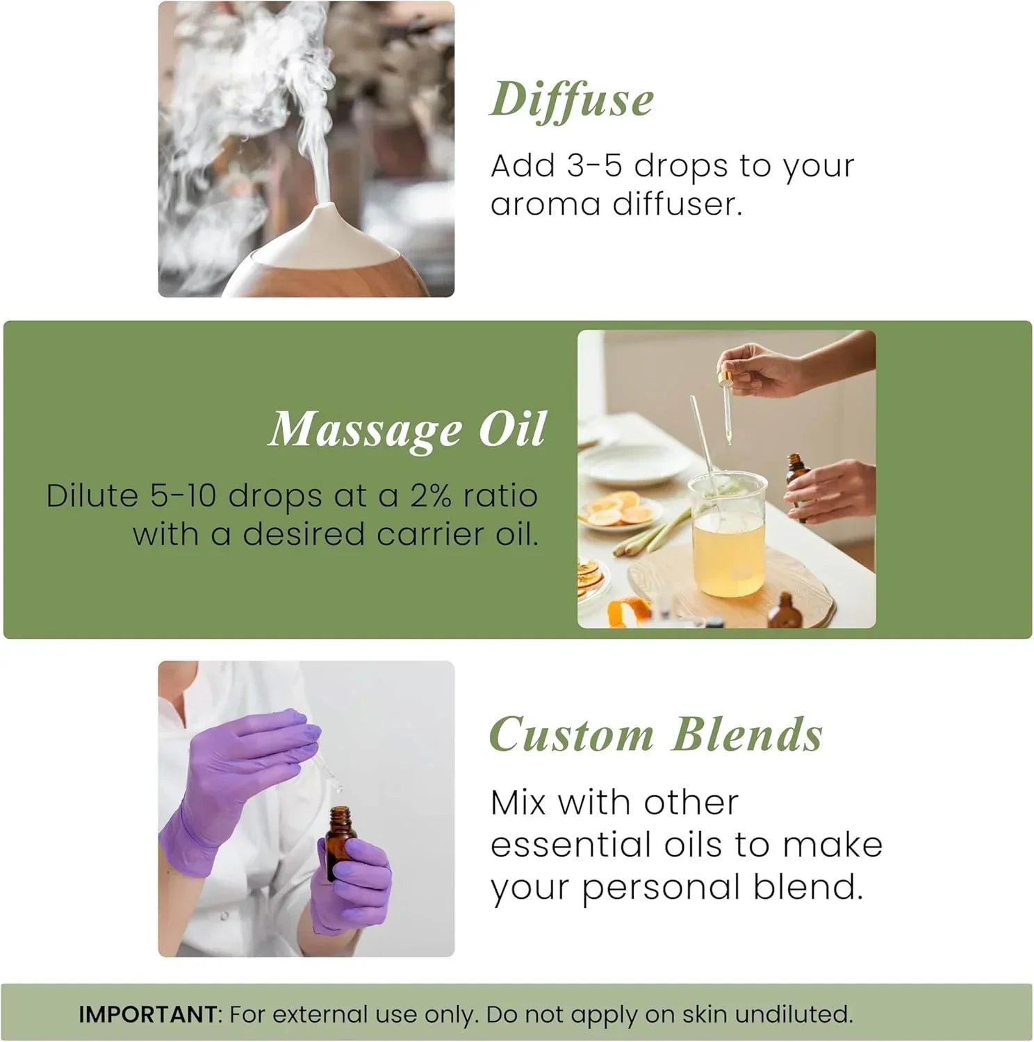 Essential oil usage guide showing diffuser, massage oil, and custom blend methods with instructions.