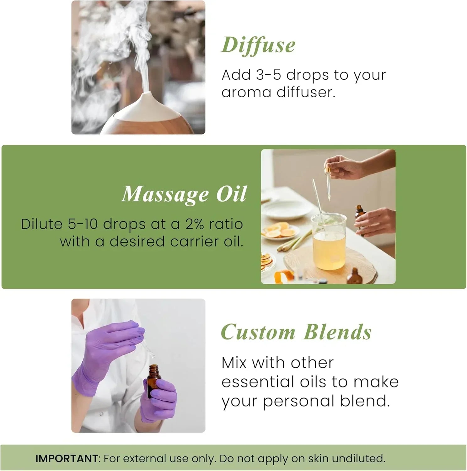 Three uses for essential oils: aroma diffuser, massage oil mixing, and custom oil blends.