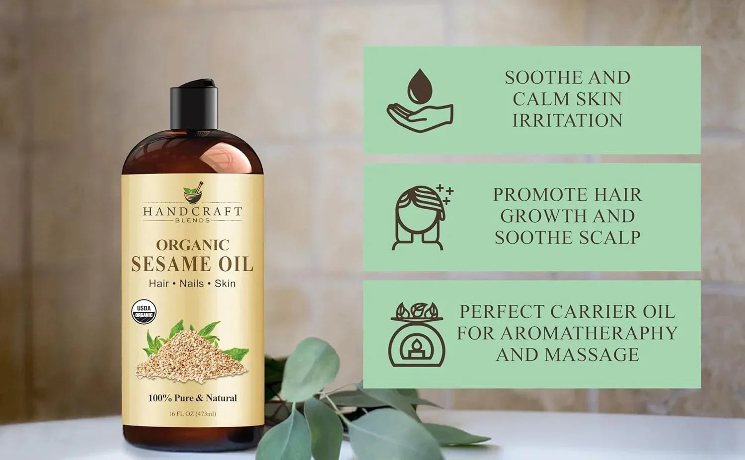 Organic sesame oil bottle for hair, nails, and skin, with benefits for soothing skin, scalp, and massage.