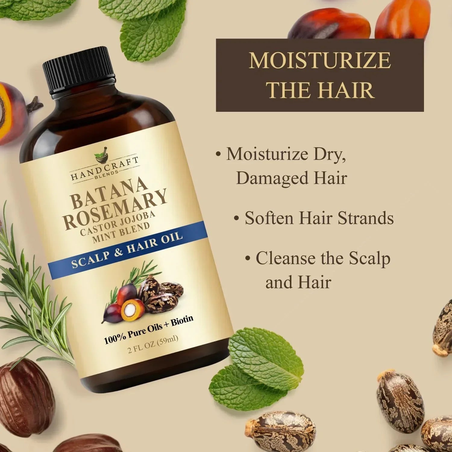 Batana rosemary scalp and hair oil bottle with castor, jojoba, mint, and product benefits list
