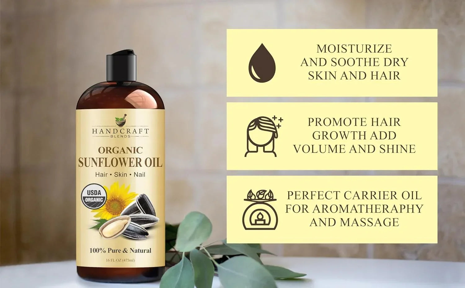 Organic sunflower oil bottle for hair, skin, and nail care with product benefits displayed.