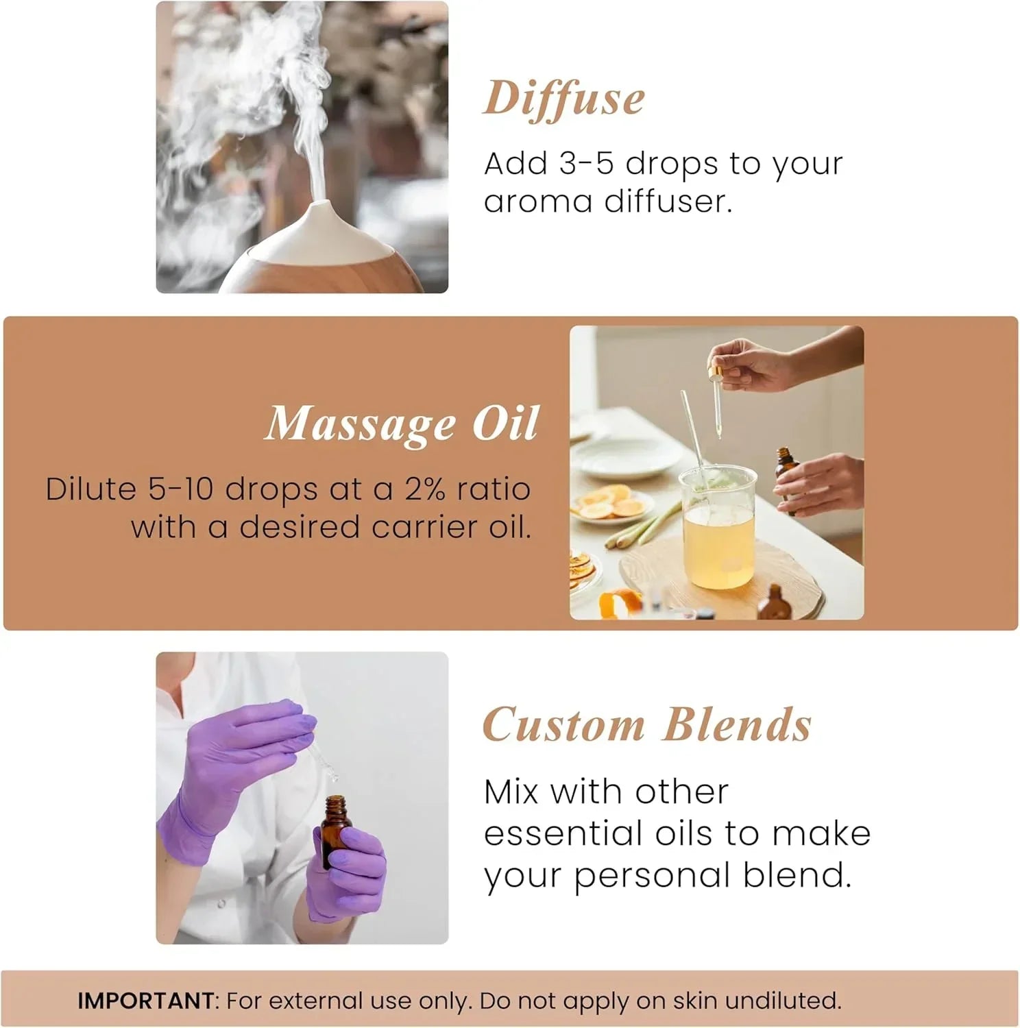 How to use essential oils: add to diffuser, blend with carrier oil, or create custom blends.
