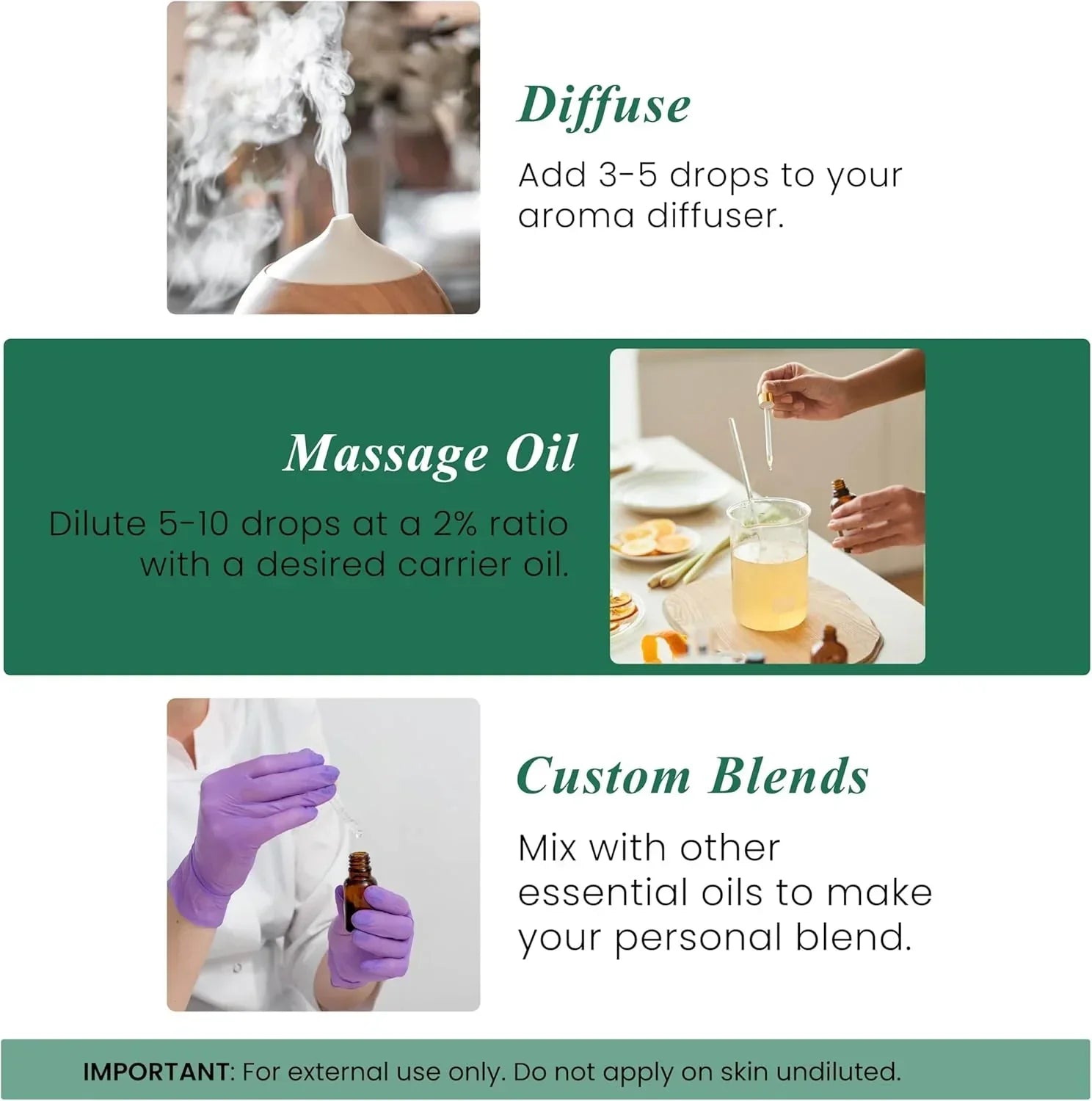 Instructions for using essential oils as diffuser, massage oil, or custom blend, with photos.