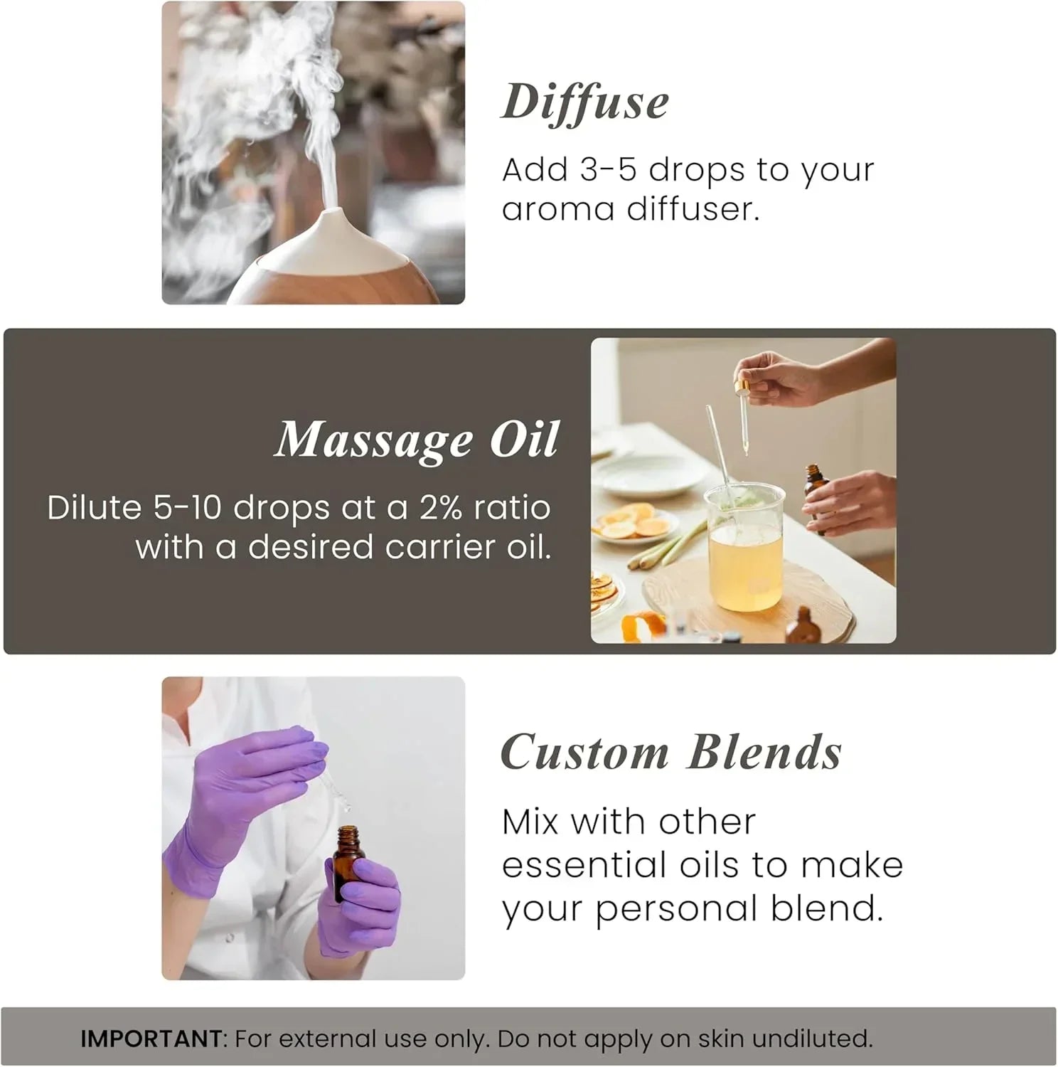Three ways to use essential oils: diffusing, mixing into massage oil, and creating custom blends.