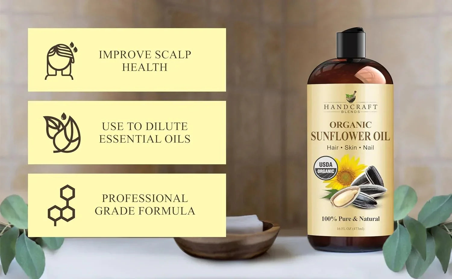 Organic sunflower oil bottle for hair, skin, and nails with benefits and natural setting