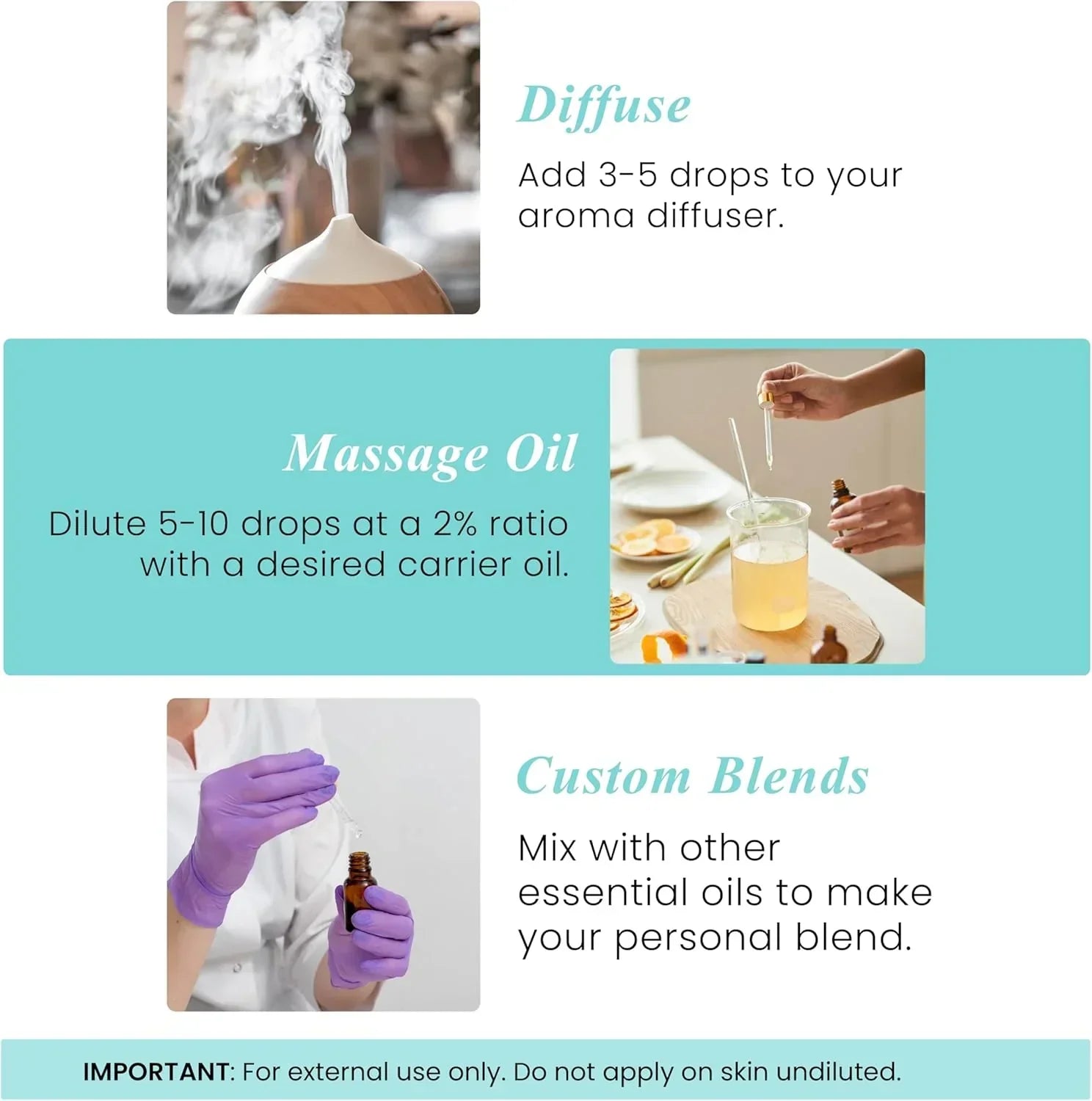 Guide showing essential oil uses: diffuser, massage oil with carrier oil, custom blending.