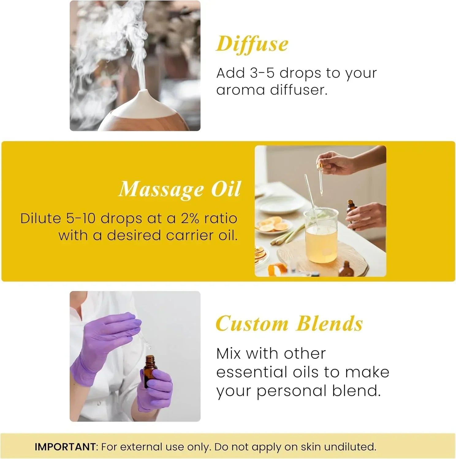 Essential oil usage instructions for diffusing, massage oil, and custom blends with images.