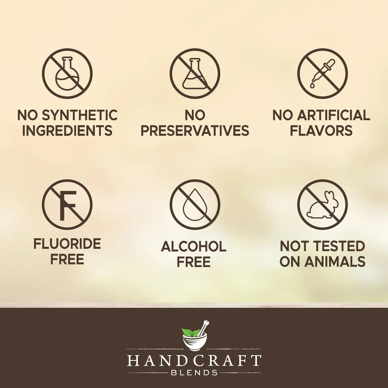 Essential oil benefits icons: no synthetic ingredients, preservatives, artificial flavors, fluoride, alcohol, not tested on animals.