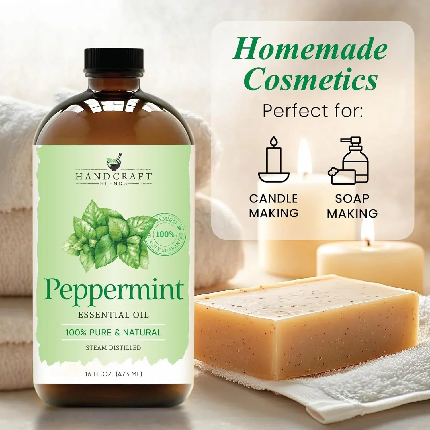 Peppermint essential oil bottle with handmade soap, candles, and towel for DIY aromatherapy, candle, and soap making.