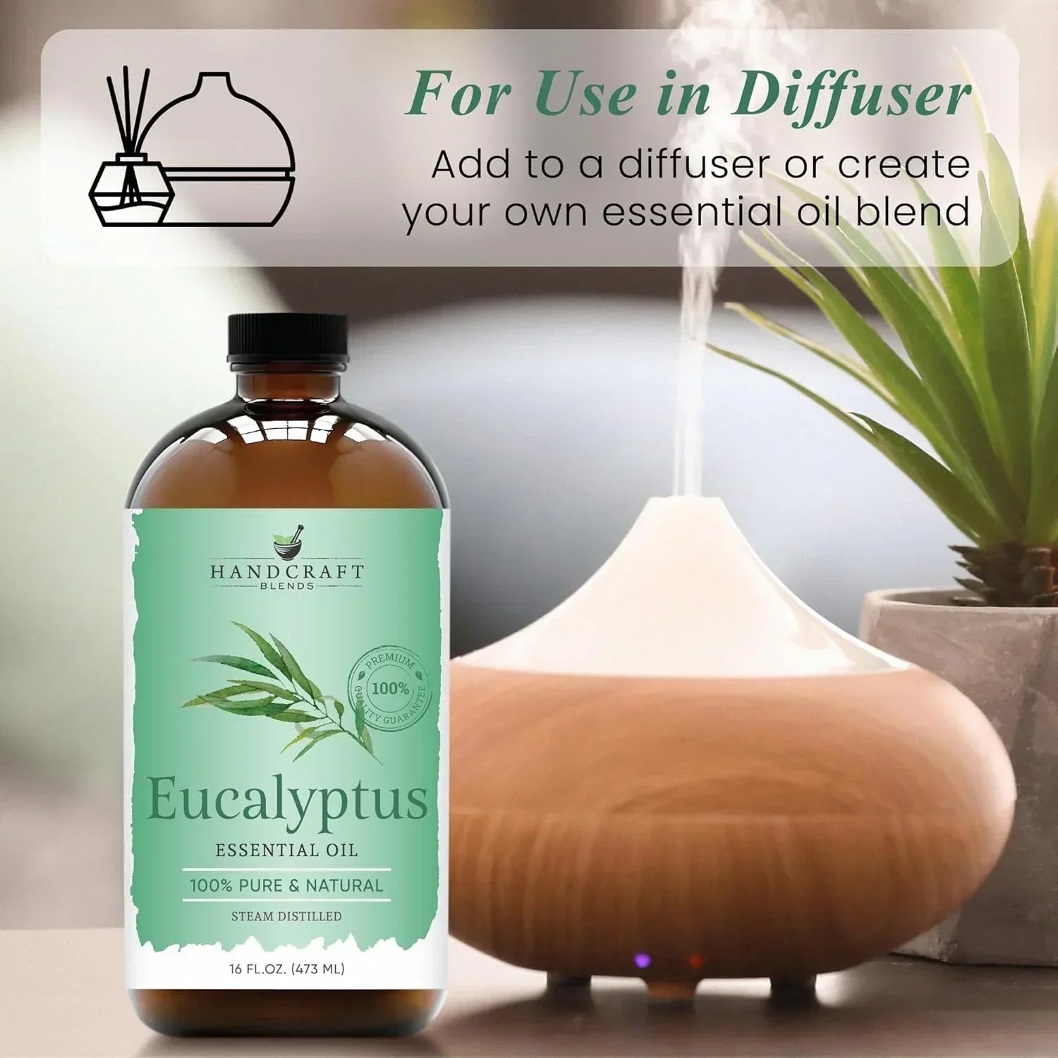 Eucalyptus essential oil bottle with diffuser and plant, aromatherapy scene