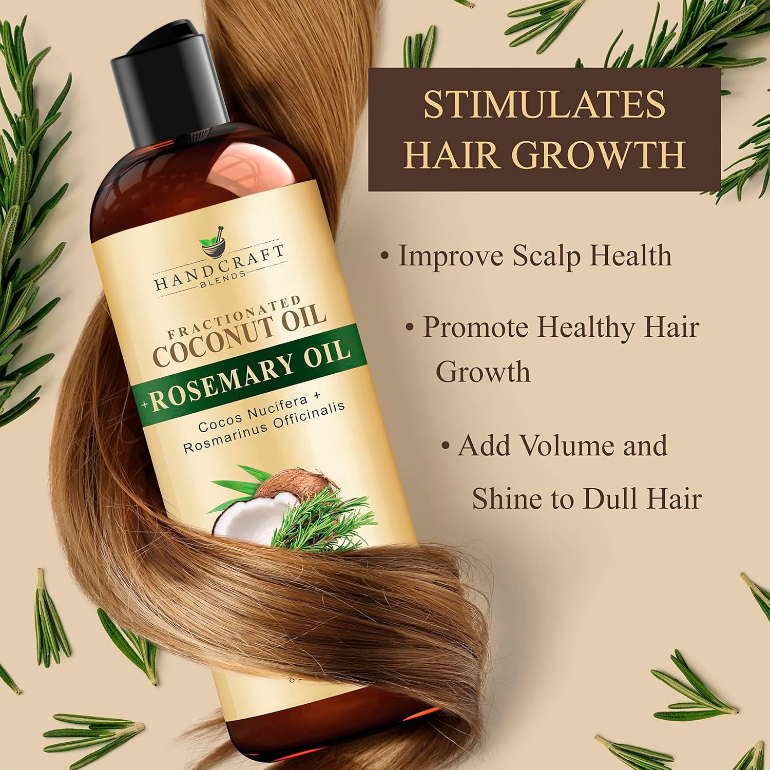 Fractionated coconut oil with rosemary oil bottle for hair growth, surrounded by rosemary and healthy hair.