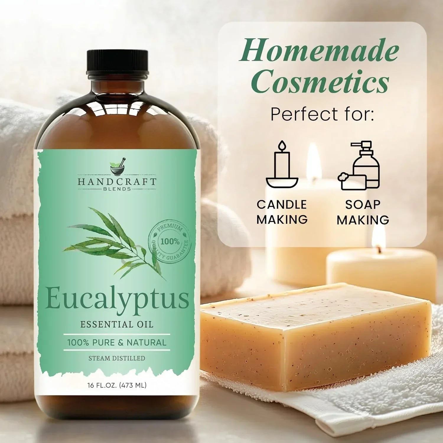 Eucalyptus essential oil bottle with handmade soap, candles, and towel for aromatherapy and homemade cosmetics.