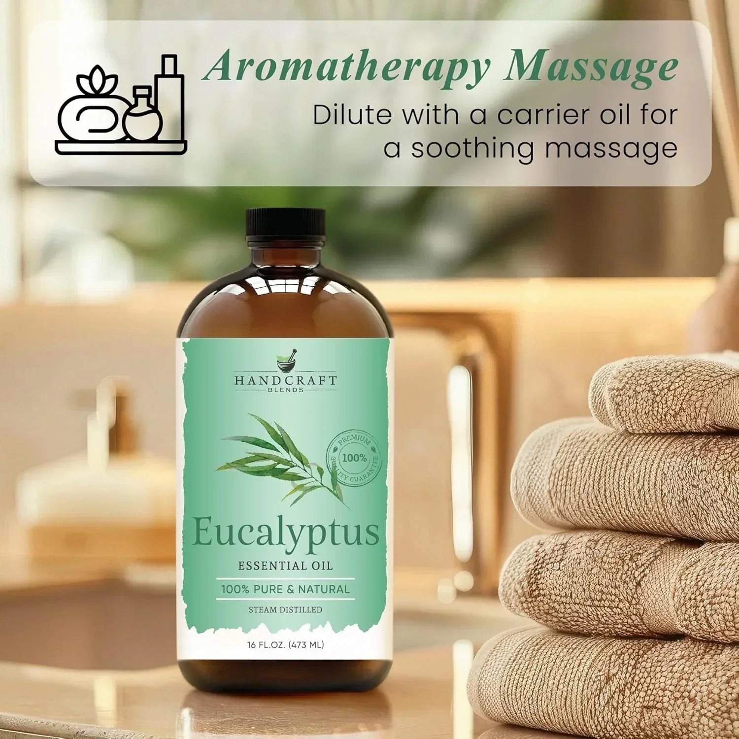 Eucalyptus essential oil bottle for aromatherapy massage near folded towels and spa decor