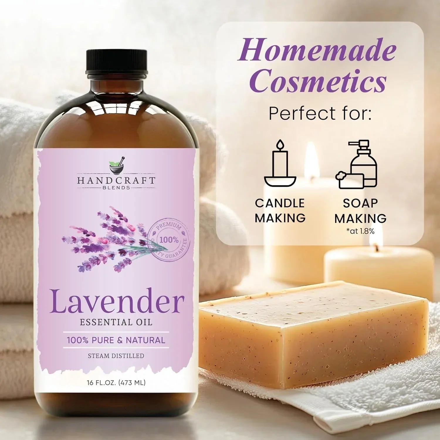 Lavender essential oil bottle with soap, candles, and towel for homemade cosmetics.