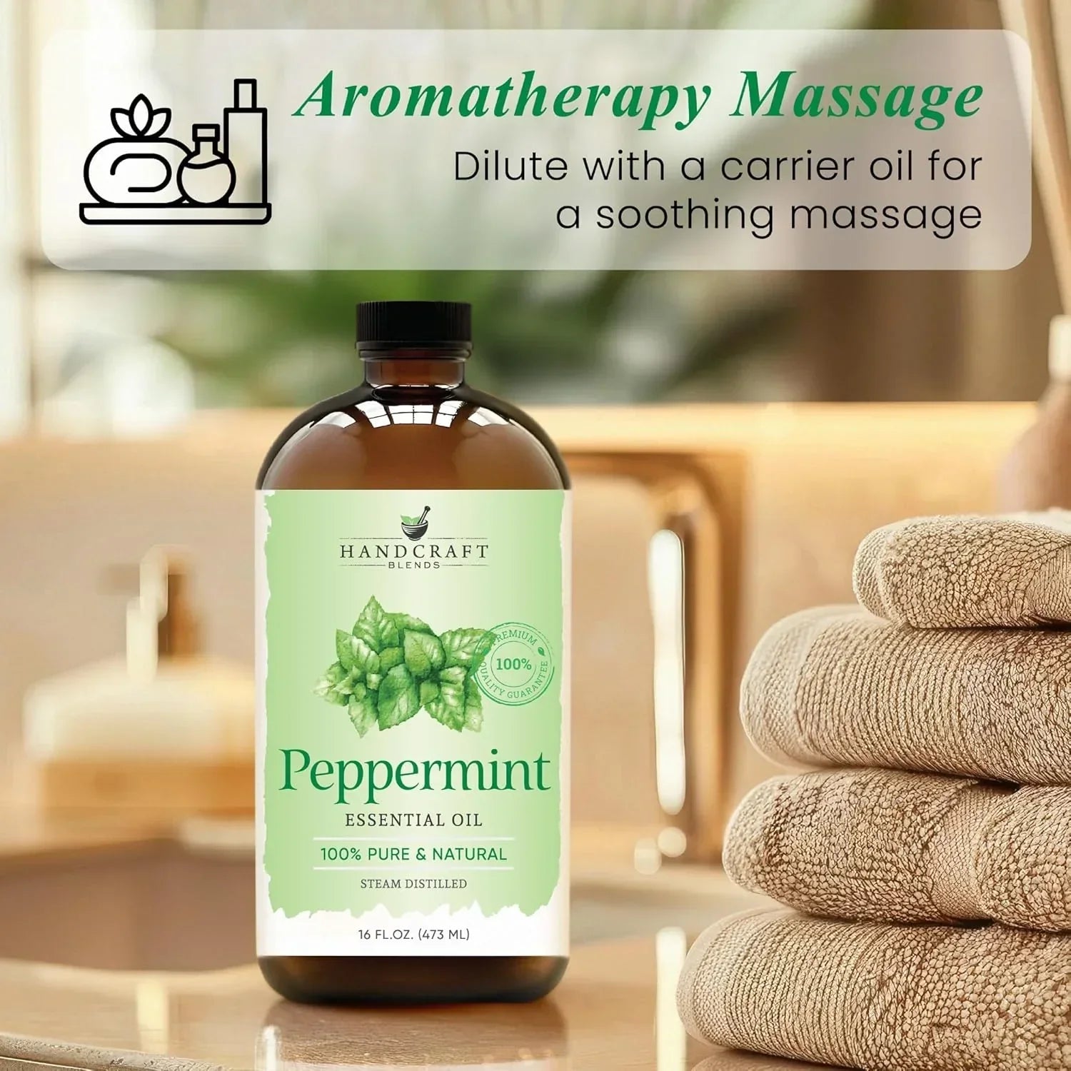 Peppermint essential oil bottle for aromatherapy massage, with towels and spa background