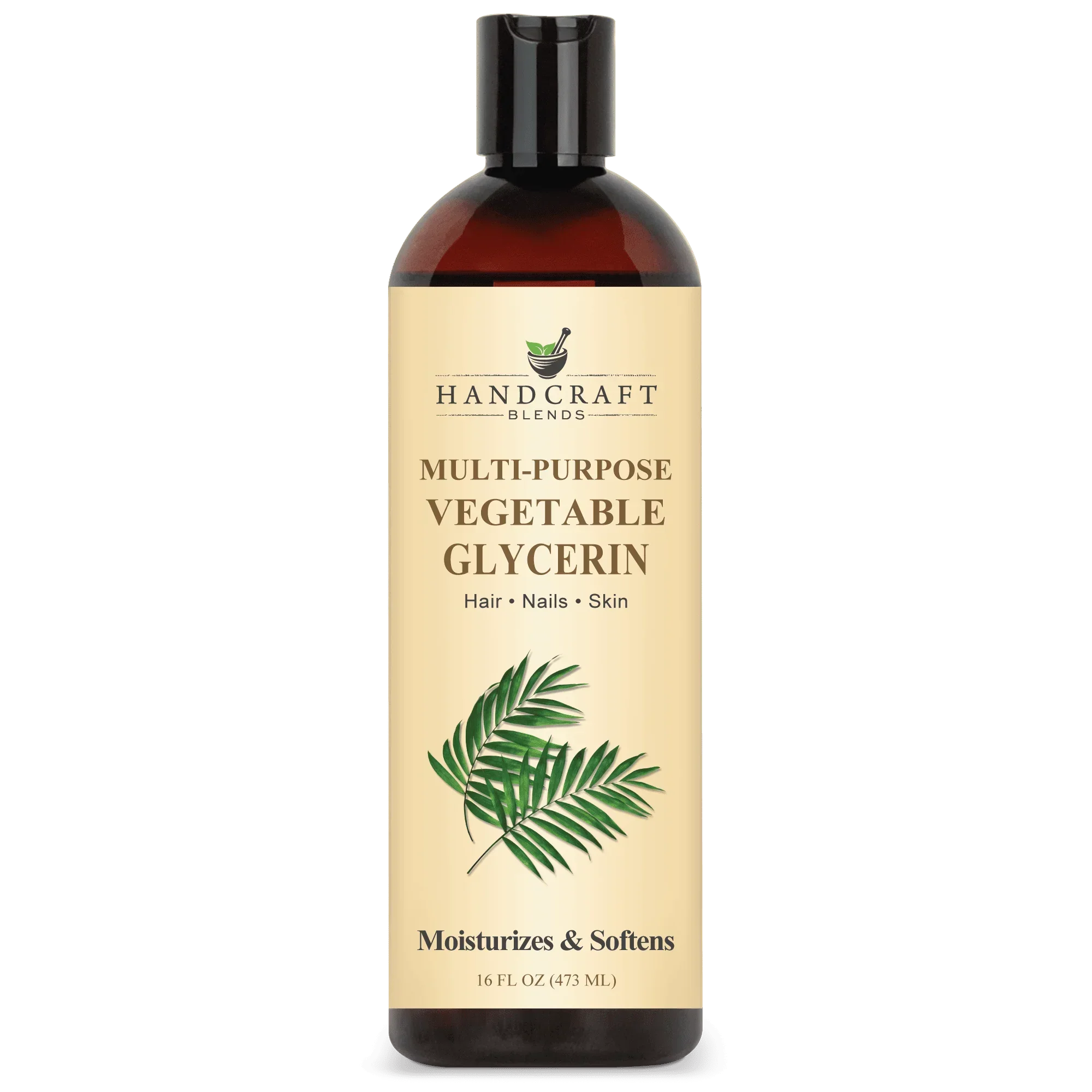 Amber bottle of multi-purpose vegetable glycerin for hair, nails, and skin moisturizing.