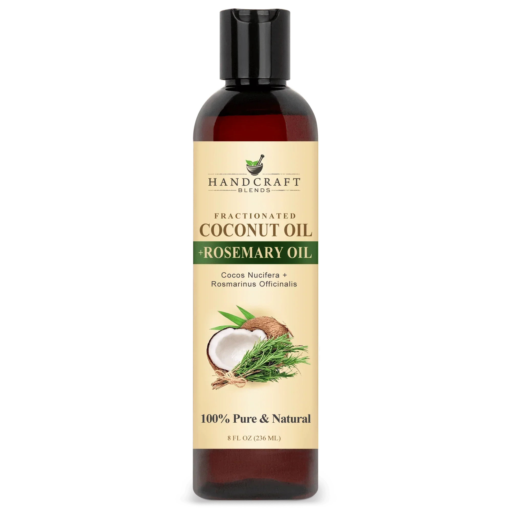 8oz bottle of fractionated coconut oil and rosemary oil, 100% pure and natural, with coconut and rosemary images on label