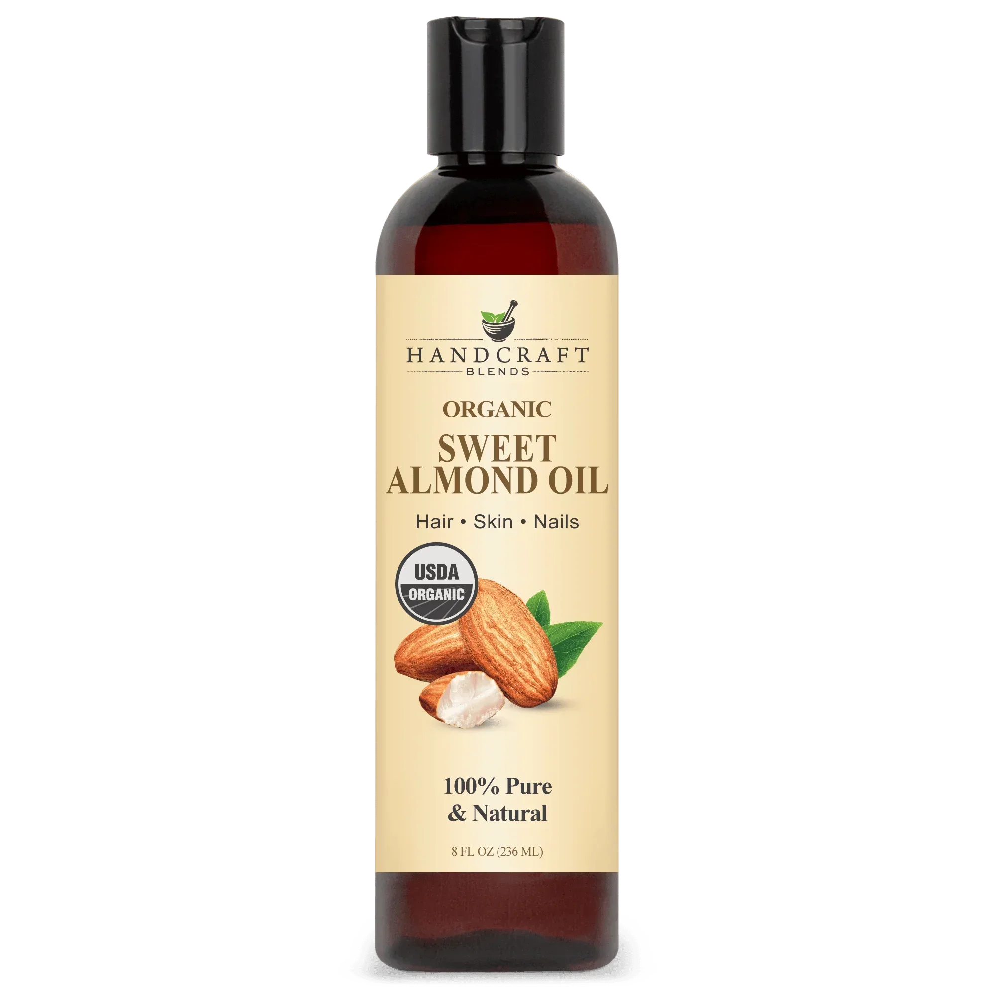 8oz bottle of organic sweet almond oil for hair, skin, nails, USDA certified, pure carrier oil