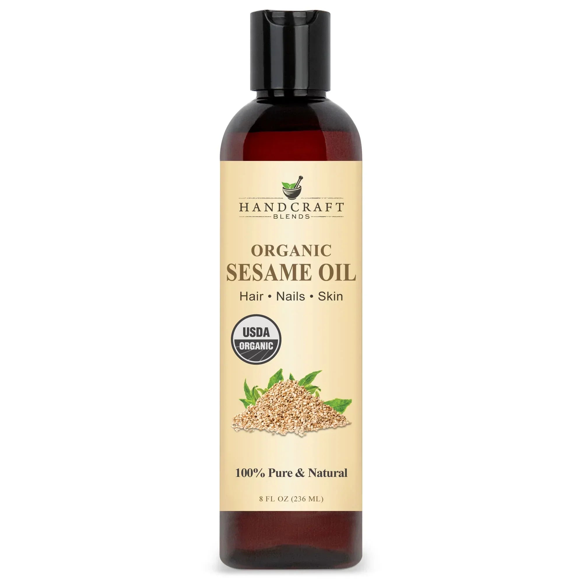 8oz bottle of organic sesame oil for hair, nails, skin with USDA Organic label