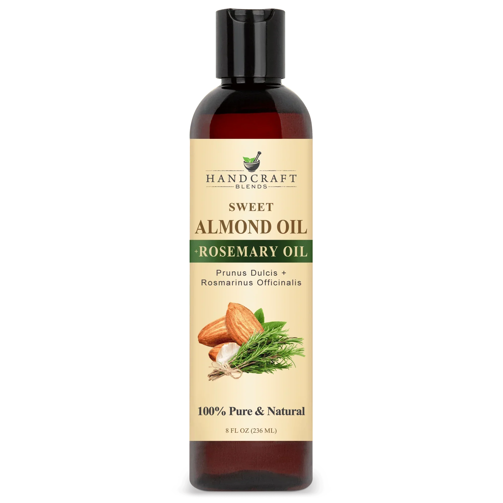 8oz bottle of sweet almond oil with rosemary oil, labeled 100% pure and natural, with almond and rosemary images on label