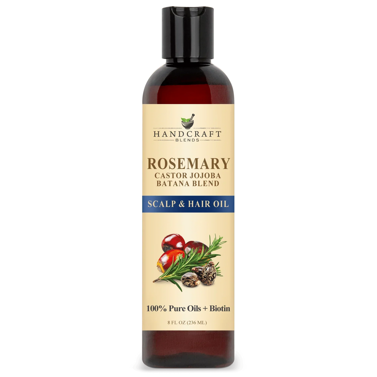 Bottle of rosemary castor jojoba batana scalp and hair oil with biotin, 8oz