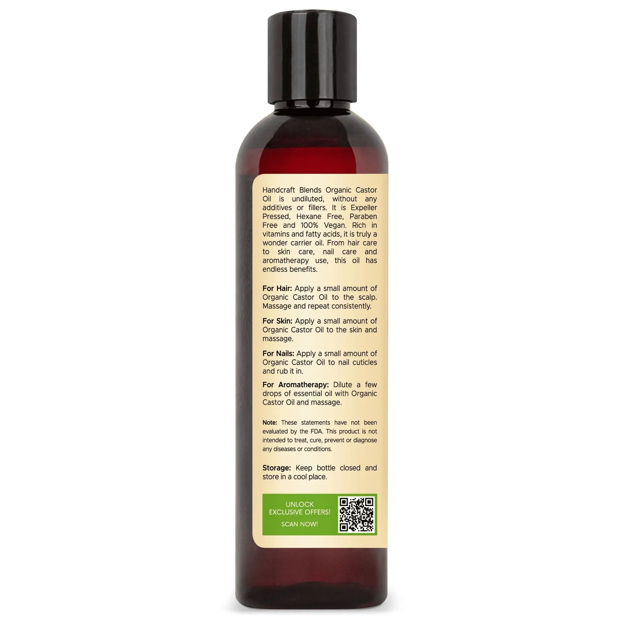 Handcraft Blends organic castor oil 8oz bottle with label details for hair, skin, nails, aromatherapy
