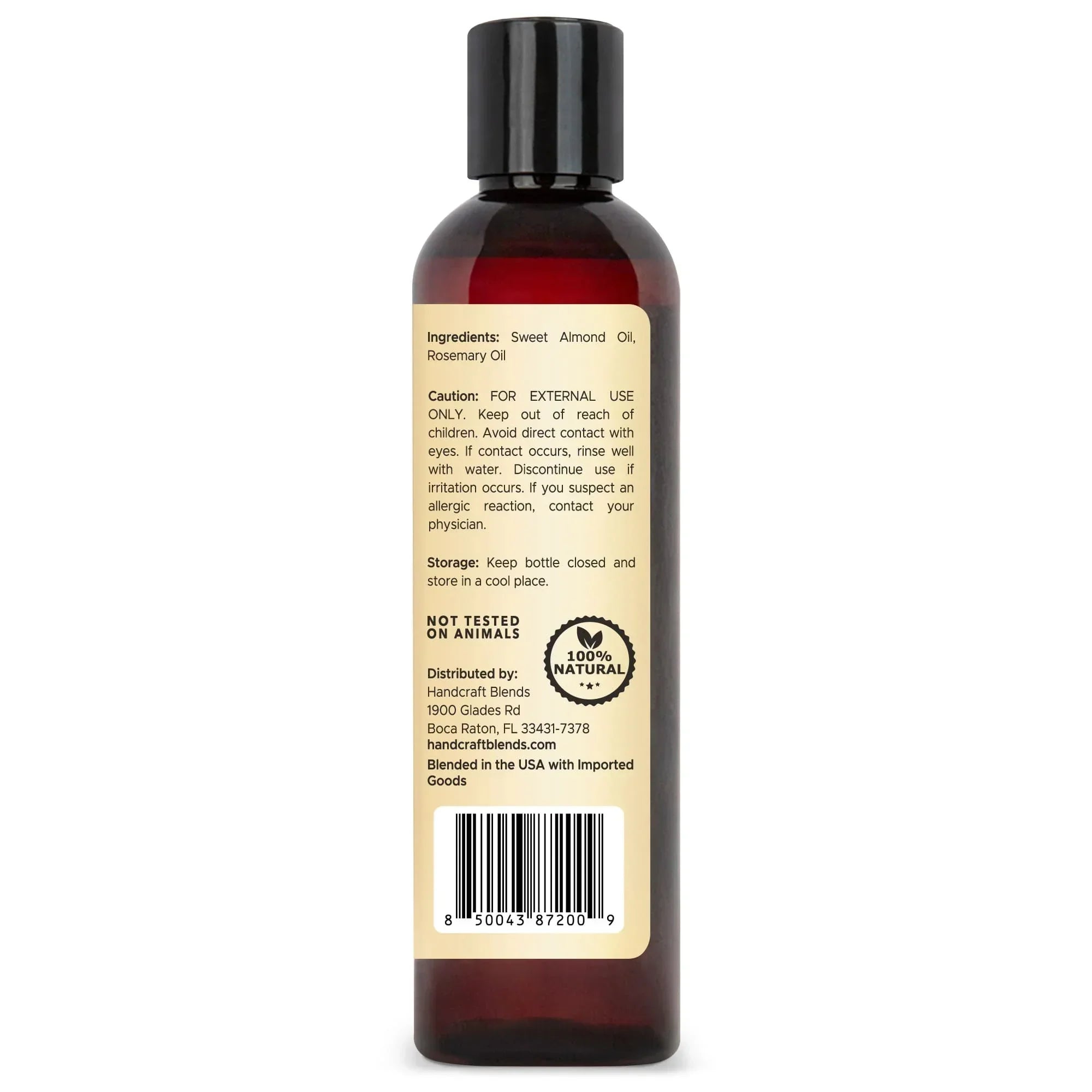 Back label of an 8oz essential oil blend bottle with usage and ingredient details.