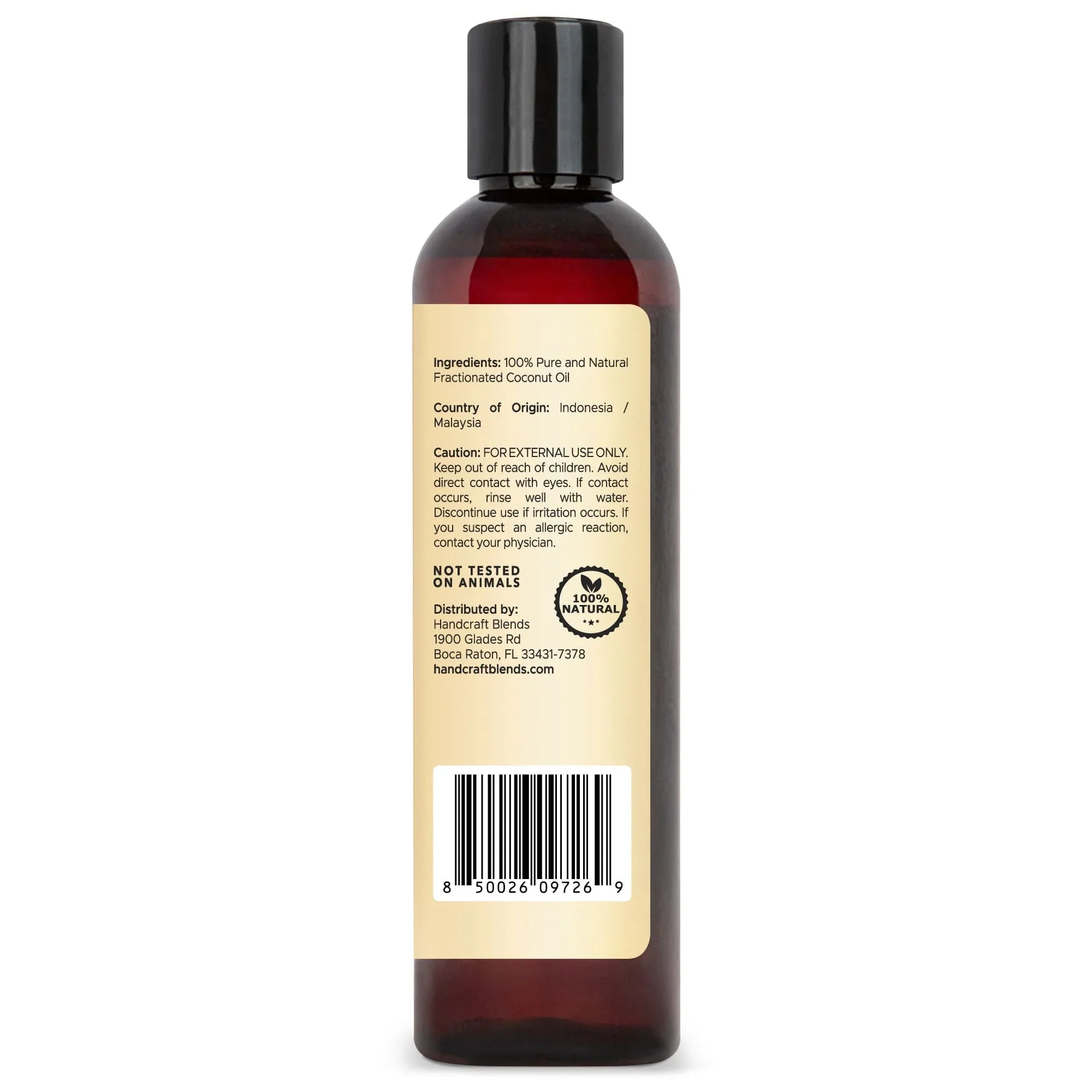 Handcraft Blends fractionated coconut oil 8oz bottle, ingredient and caution label visible